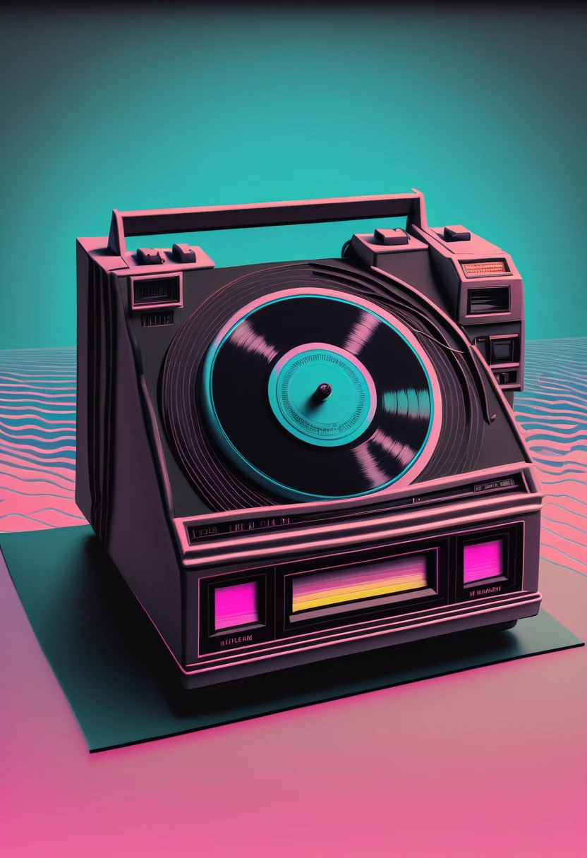 Retrowave, synthwave, a vintage vinyl record, dusty, scratches, old-fashioned, worn-out, grooves, retro design, classic music, spinning round and round, turntable, needle, musical nostalgia, soft crackling sound, black and white album cover, vintage vibes, nostalgic atmosphere, timeless melodies, spinning discs, analog sound, 80s style, music lovers, vinyl collection, laser show, immersive experience, dance floor, vibrant nightlife, disco ball, party atmosphere, pulsating beats, euphoric moments, electric energy, exhilarating ambiance, mesmerizing light effects, immersive audio experience, Vaporwave Aesthetic style and zentangle style, retrowave. synthwave, retro futuristic, video game, vector vaporwave,,blurred, crunch it, make it outstanding, the best emotive silhouette ever, sparkles, musical explosions, flying musical notes, magical, thanks. By Tupu...lol...