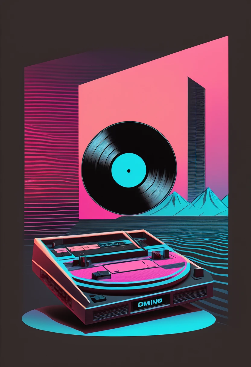 Retrowave, synthwave, a vintage vinyl record, dusty, scratches, old-fashioned, worn-out, grooves, retro design, classic music, spinning round and round, turntable, needle, musical nostalgia, soft crackling sound, black and white album cover, vintage vibes, nostalgic atmosphere, timeless melodies, spinning discs, analog sound, 80s style, music lovers, vinyl collection, laser show, immersive experience, dance floor, vibrant nightlife, disco ball, party atmosphere, pulsating beats, euphoric moments, electric energy, exhilarating ambiance, mesmerizing light effects, immersive audio experience, Vaporwave Aesthetic style and zentangle style, retrowave. synthwave, retro futuristic, video game, vector vaporwave,,blurred, crunch it, make it outstanding, the best emotive silhouette ever, sparkles, musical explosions, flying musical notes, magical, thanks. By Tupu...lol...