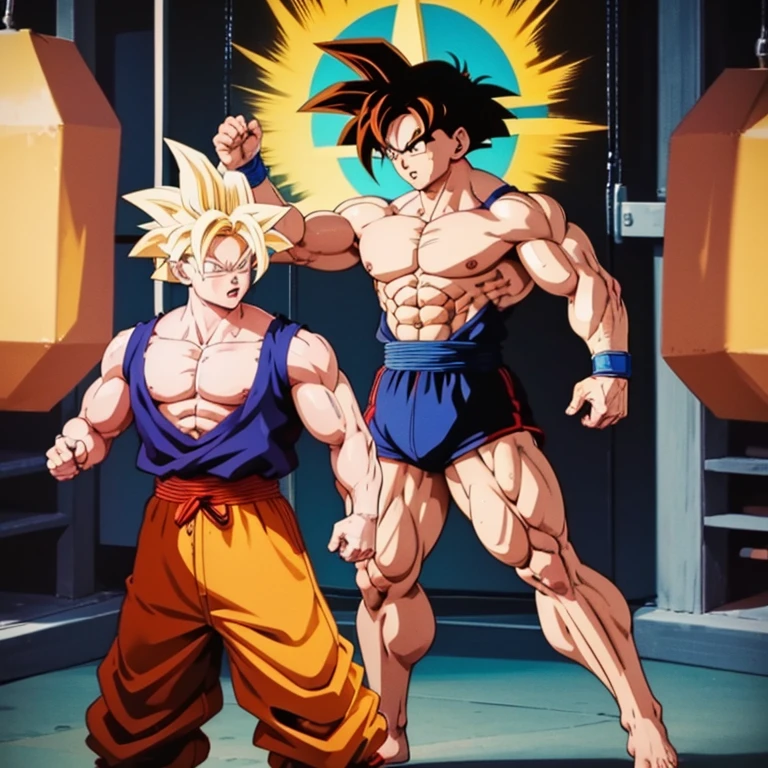 (Eine detaillierte Zeichnung von Son Goku, bodybuilding gym.), shirtless, huge muscle Body, Big Bizeps, Big shoulders, muscukar legs,abs, barefoot, mma, boxing