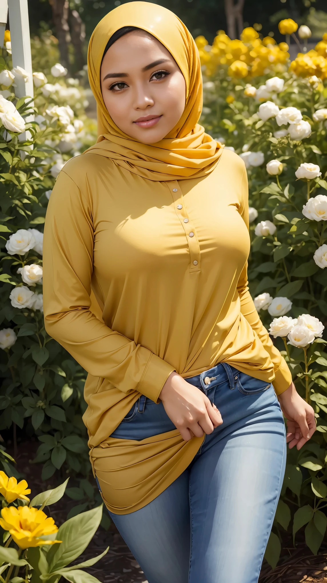 RAW, Best quality, high resolution, masterpiece: 1.3), Beautiful Malay woman in hijab (iu:0.8), wearing white baju kuning walking on a rural street in the morning, catwalk, sweaty, wet body, big breasts, slim waist, wide hips , big round ass, thick thighs, photo taken with Panavision DXL2, 28mm lens, close up shot, bright pastel shades, bokeh, cinemascope , drama, high quality, very detailed, 8k resolution,