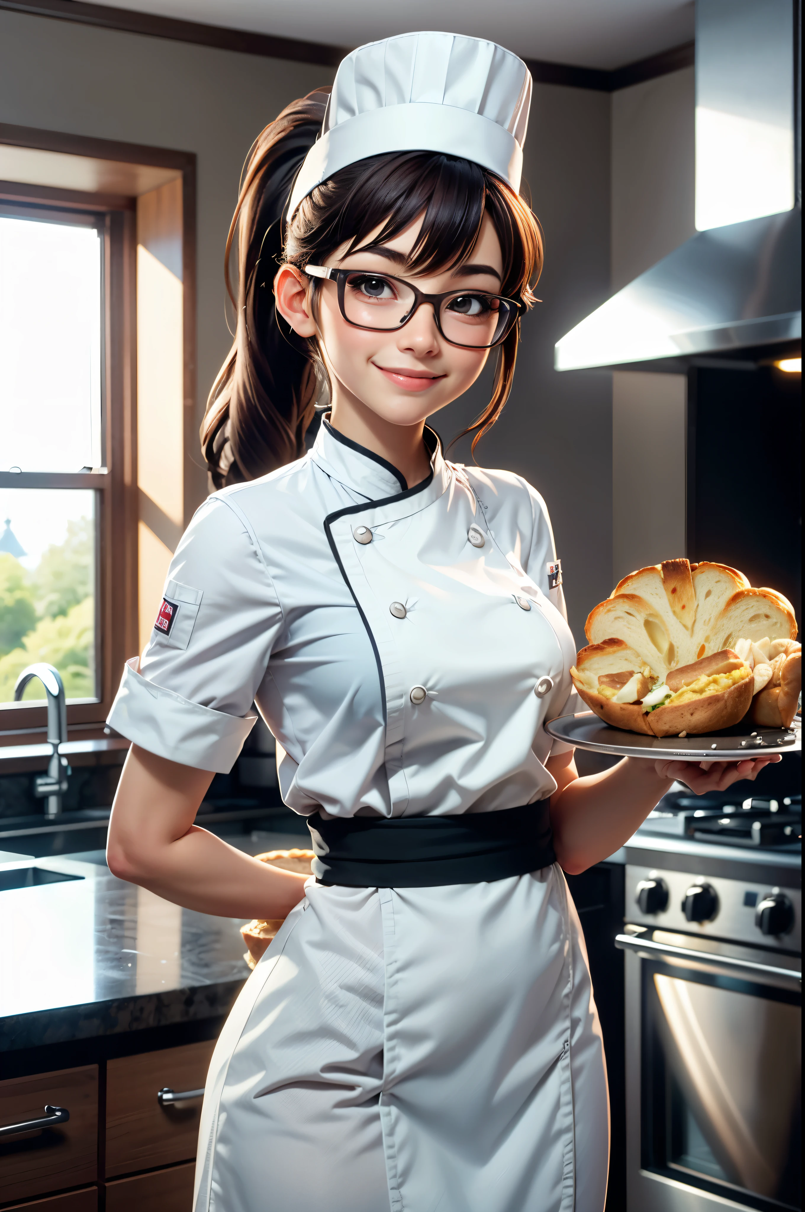 young girl, Ponytail, facial hair, wear glasses, smile brightly, Bread of happiness, Put the bread pan in the oven.., Various types of bread on trays, Fragrant and delicious, (Enter the cute chef's kitchen.. (Enter the chef.'hat)), in the kitchen, anime, High quality