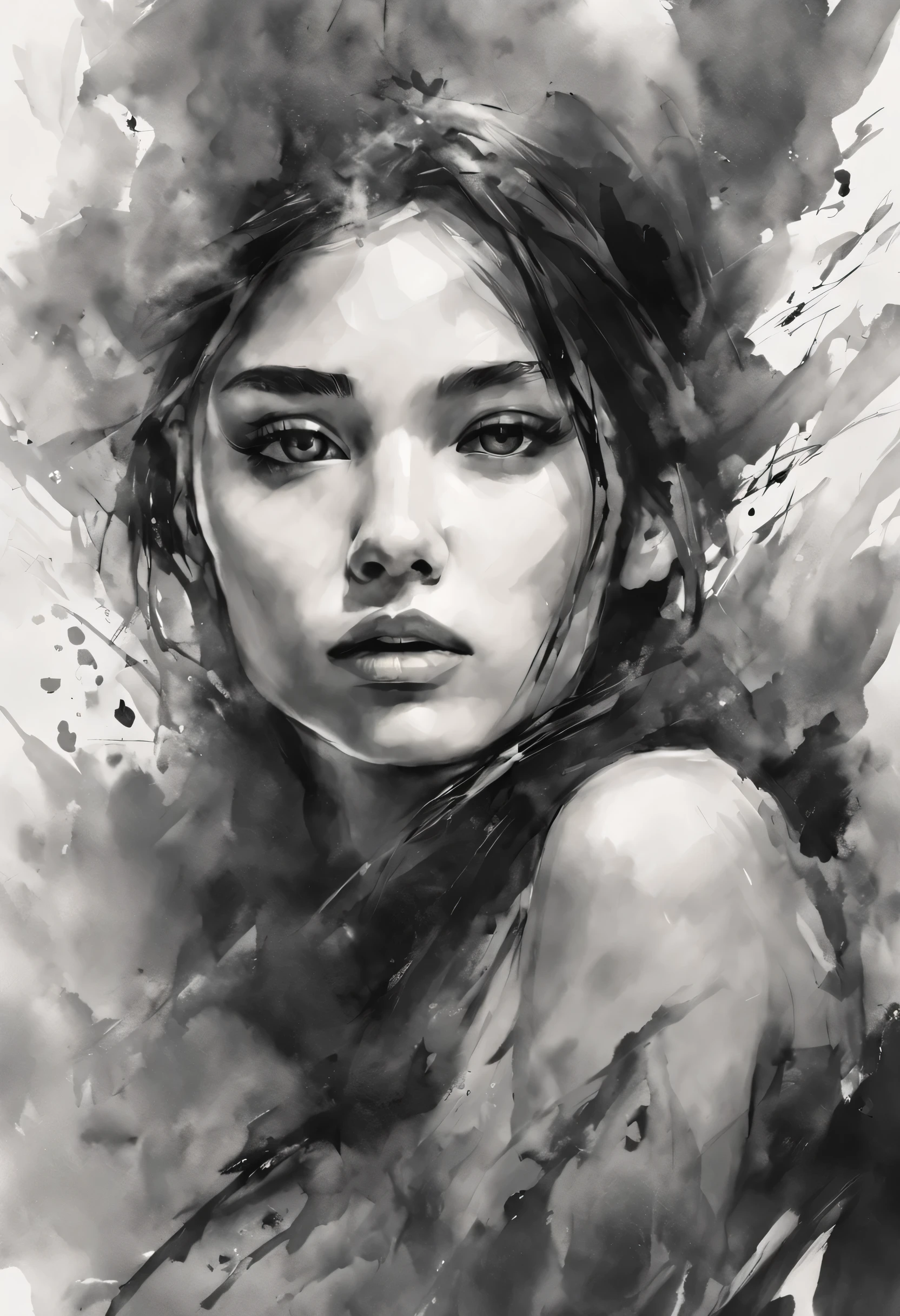 young beautiful girl, 
Super detailed, 
official art, 
unity 8k wallpaper sumi-e style, (expressive brush strokes):1.2, ink, level, monochrome, poetic atmosphere, A delicate balance, fluid movement