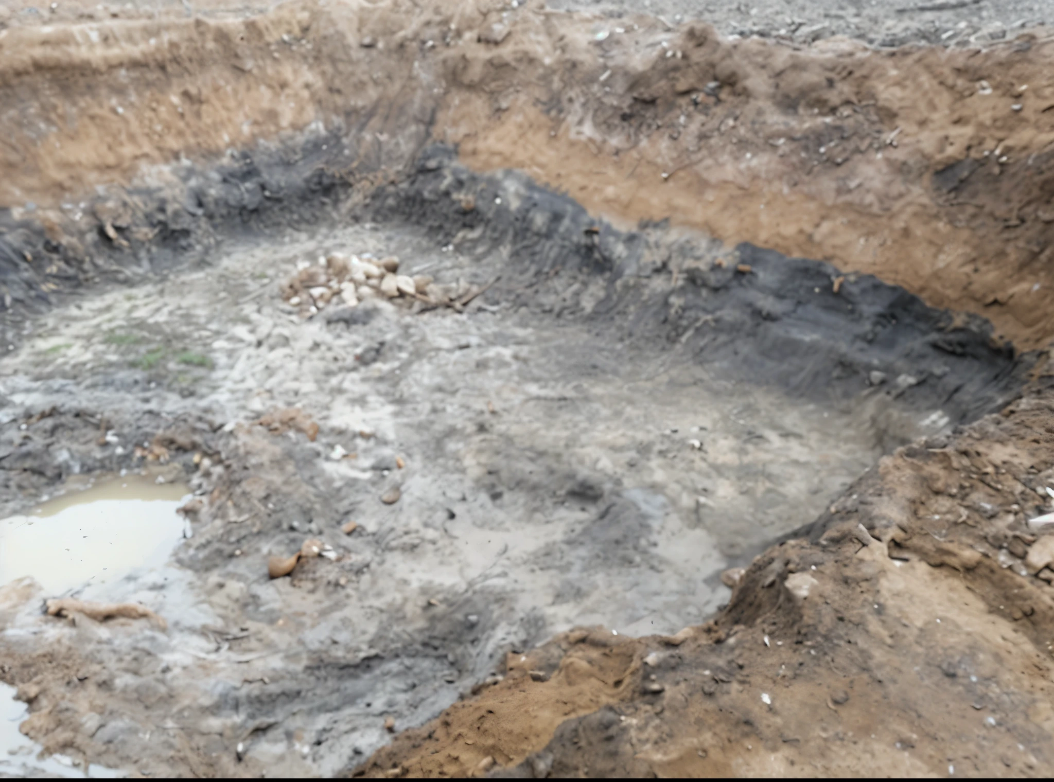 Wilderness, construction sites, excavated soil pits, traces of manual excavation, grooves on pit walls, muddy pit bottoms, multiple layers of soil, black sedimentary rock layers, concrete soaked in sewage, no people, no vehicles, no buildings, photography, realistic photos, clear weather, 8K, on-site photos, perfect details