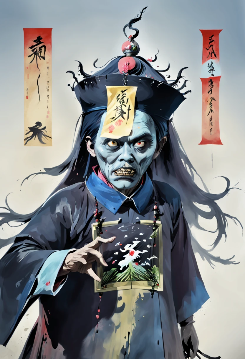 A tall black terrifying Qing Dynasty zombie man wears zombie_hat and huangfu paper on the forehead in the middle of the face , its both hands is up without loincloth and with the black Official uniform of a mandarin from Qing dynasty which jiangshi are usually portrayed wearing,deathly terrifying eyes, symmetric design, chilling gaze, horror theme, symmetrically aligned eyes (stills:1.5), (poster:1.5), (Ink painting and watercolor:1.5),(actual),((masterpiece), (best quality), super high resolution, Excellent details, dramatic lighting, high resolution, 8k, ridiculous,Chinese building, Chinese tower, obsolete , (Chinese_clear_zombie:1.5),The color palette is dark and ominous, Create an atmosphere of fear. The overall composition reflects the ink elements of Asian horror posters and traditional Chinese aesthetics , (Delete Exclude without no Japanese and no Korean styles).