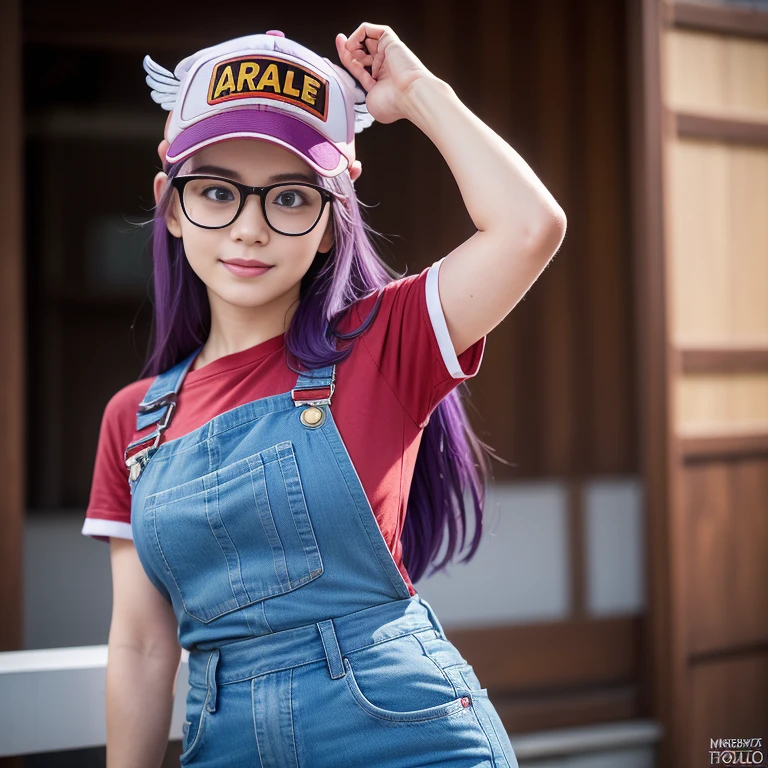 (masterpiece, best quality:1.4), (standing:1.5) (dynamic pose:1), 1girl, solo, (european youth:1), arale, glasses, blue eyes, long hair, purple hair, short sleeves, wing hat, red cap with the word "ARALE", (wing cap:1.5), red shirt, blue overalls, looking at viewer, beautifull smile, beautiful face, highly detailed face, highly detailed eyes, highly detailed skin, skin pores, subsurface scattering, realistic pupils, full face blush, full lips, detailed background, depth of field, volumetric lighting, sharp focus, absurdres, realistic proportions, good anatomy, (realistic, hyperrealistic:1.4), 16k hdr,