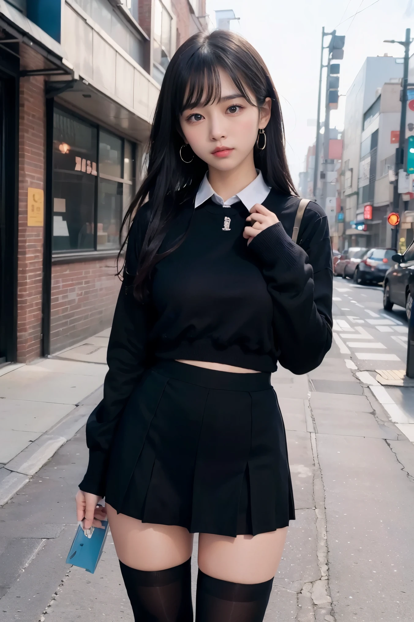 ((full body photo))、street snap、童顔でmicro mini skirt履いて((expensive))There is one woman of、(1 girl)、amazingly cute 、skinny fit uniform、Winter clothes、Japanese school black uniform、((big breasts))、surreal、Wearing a dark blue uniform、Full body Esbian、nice skin、glowing skin、nice thighs、((long legs))、(((wide thighs)))、((micro mini skirt))、With garter、(Black knee-high socks that only the rubber part is transparent)、(((By everyone)(I definitely wear 5 denier black knee socks above the knee.)))、(I&#39;Iはハイヒールの革靴を履いています)、Nogizaka Idol、korean idol、Invite you inside、Inviting eyes