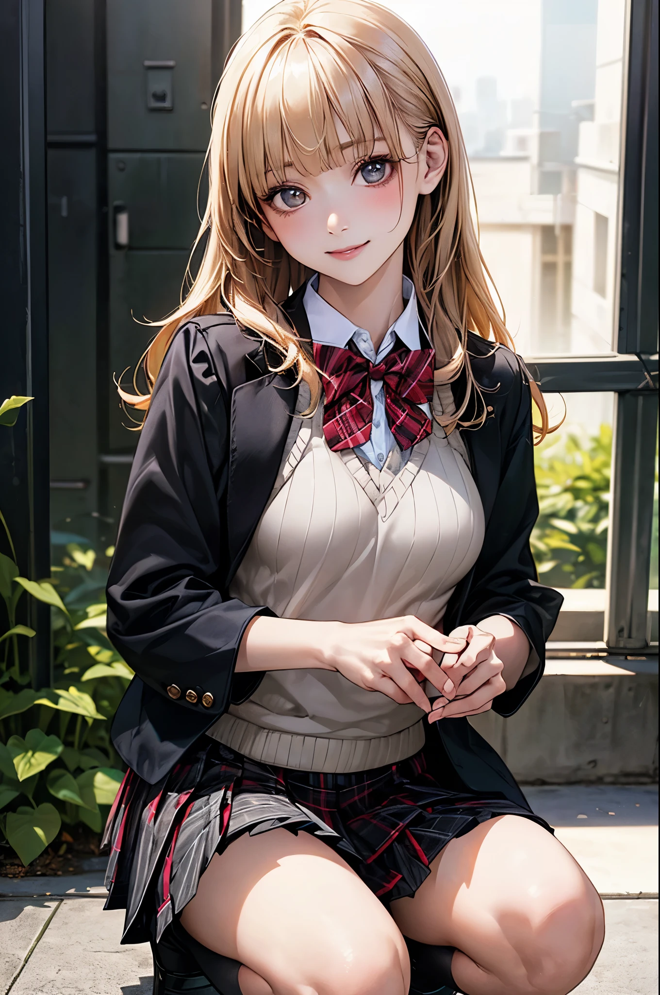 (masterpiece:1.2, top-quality), (realistic, photorealistic:1.4), beautiful illustration, (natural side lighting, movie lighting), nsfw, 
looking at viewer, cowboy shot, front view:0.6, 1 girl, japanese, high school girl, perfect face, cute and symmetrical face, shiny skin, 
(long hair:1.2, half updo:1.4, blond hair), blunt bangs, gold eyes, drooping eyes, long eye lasher, (large breasts:0.6), 
beautiful hair, beautiful face, beautiful detailed eyes, beautiful clavicle, beautiful body, beautiful chest, beautiful thigh, beautiful legs, beautiful fingers, 
(((black jacket), white collared shirts, light grey knitted vest, grey pleated skirt, black socks, red plaid bow tie), pink panty), 
(beautiful scenery), morning, flower garden, squatting, (lovely smile, upper eyes), 