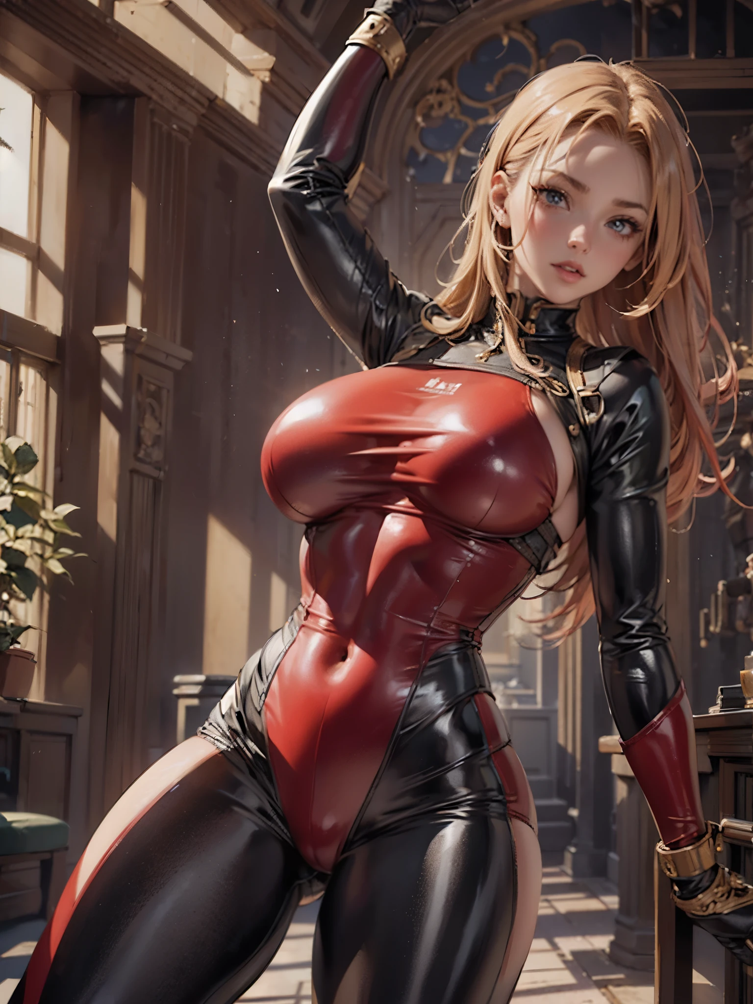 high detail, wearing (tight shirt:1.2), beautiful detailed face, red hair, hazel eyes, (attractive fitness woman:1.3), (seductive:1.1), (blushing:1.1), hourglass body shape, complete shiny aerobic black and red latex bodysuit, big round breasts