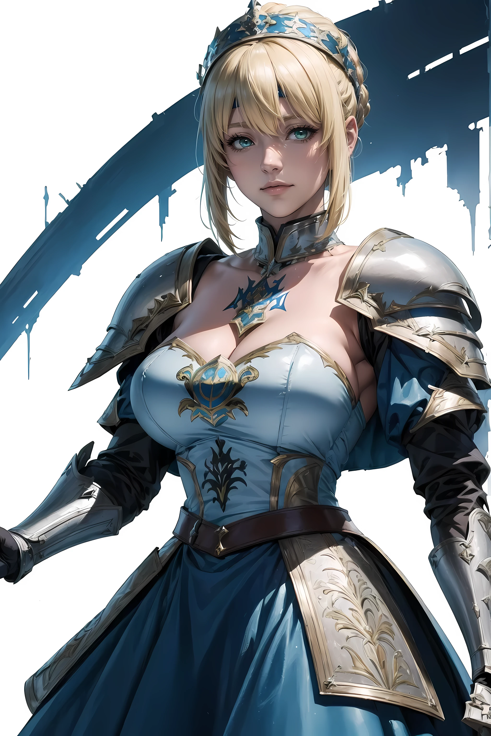 (masterpiece:1.2), (ridiculous),(best quality) (Traditional media:1.2)  , (White background), Upper body, (poker face),  Artoria_Pendragon_(destiny), To know, armor, blonde hair, Handguard, green eyes, scarf, armored dress, Alcohol, blue dress,