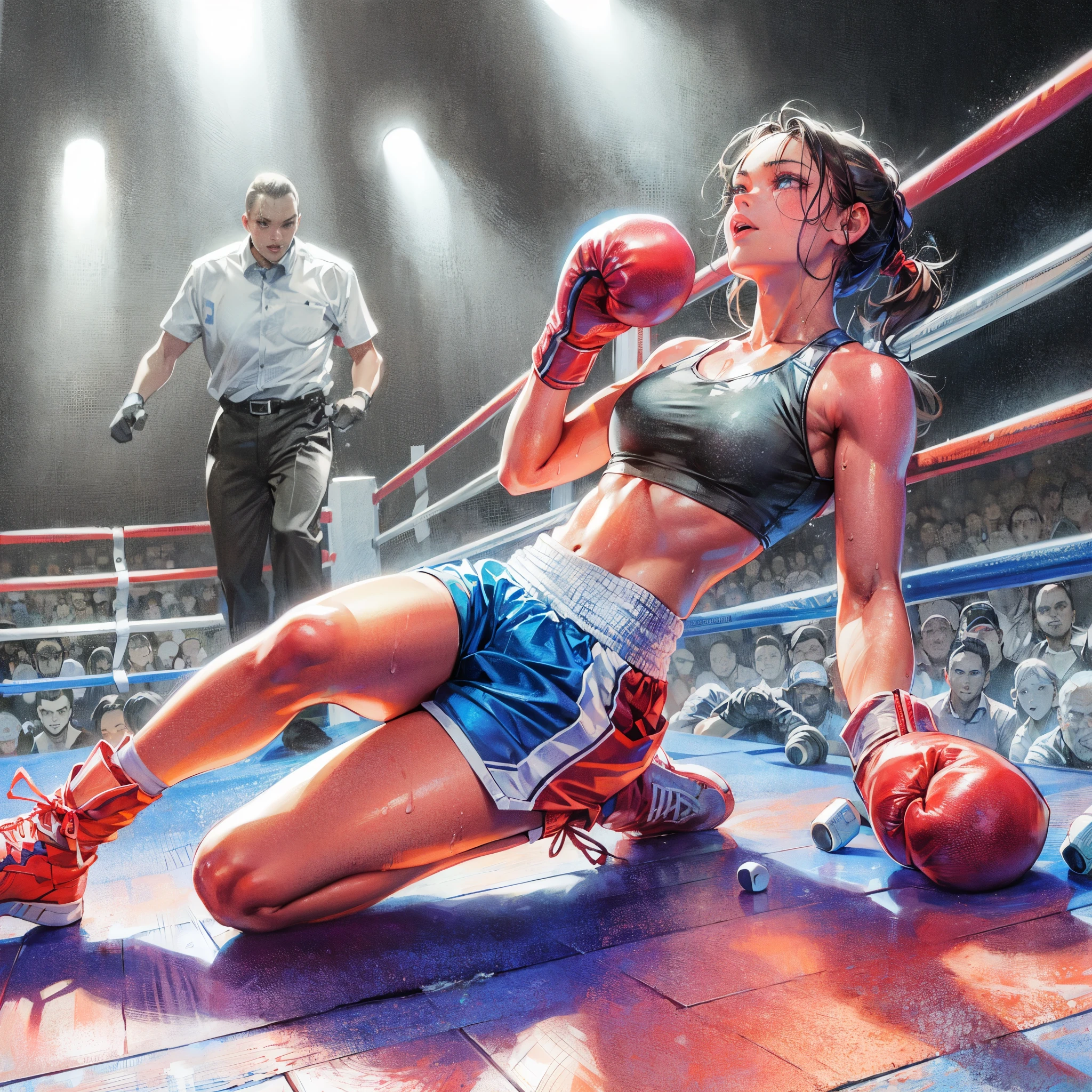 high quality,hd,16k,sharp line,1girl,female boxing  athlete ,cute face, middle breasts, nice legs, sweat,in boxing venue,focus girl,detailed beautiful face,detailed clothes,beautiful eyes,cool,dynamic angle