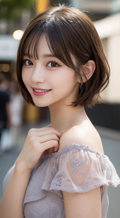 masutepiece, Best Quality, Illustration, Ultra-detailed, finely detail, hight resolution, 8K Wallpaper, Perfect dynamic composition, Beautiful detailed eyes, Women's Fashion,Very short hair,Small breasts natural color lip, Bold sexy poses,Smile,Harajuku、20 years girl、Cute、Sexy shot looking at camera