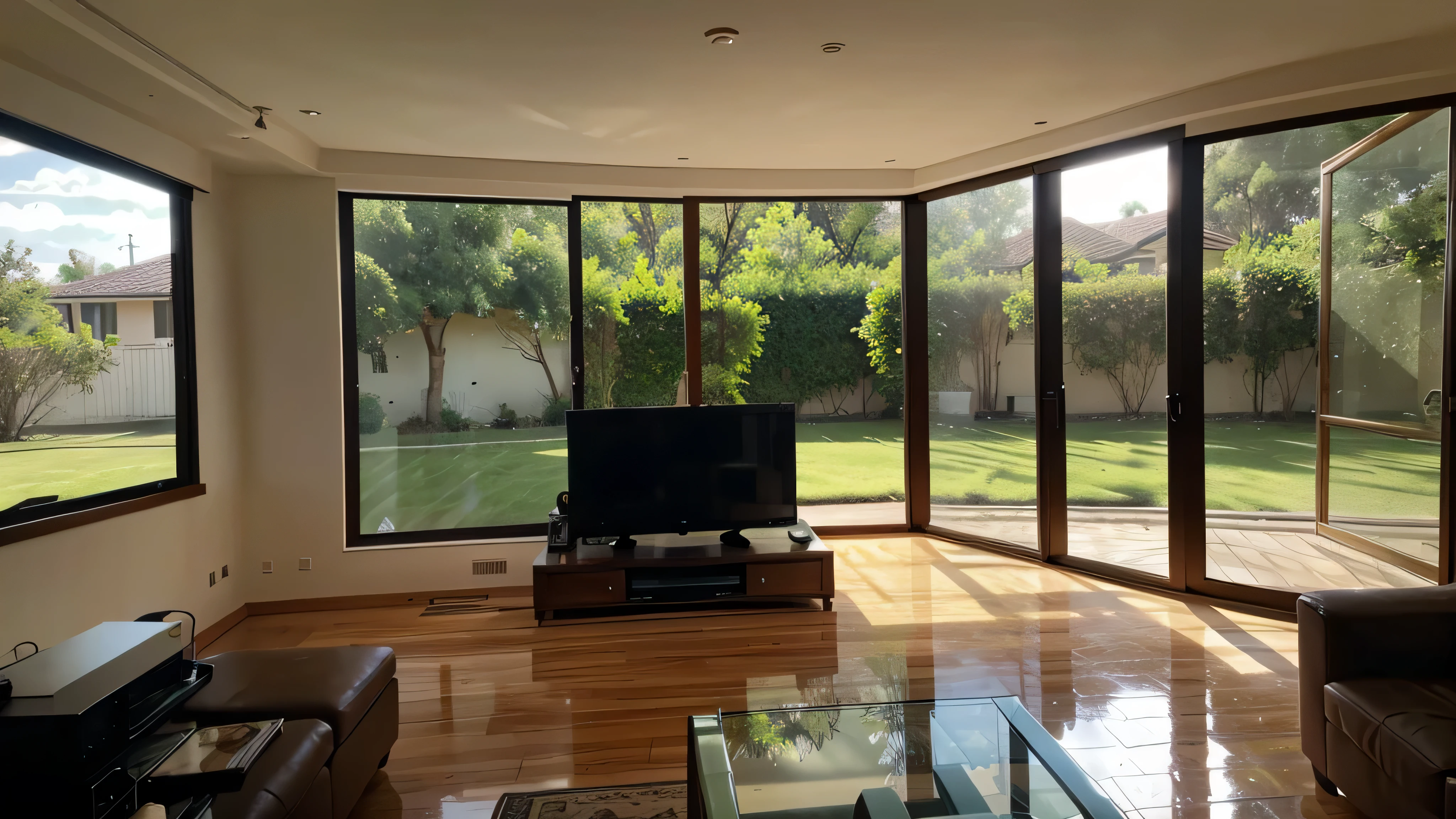 The house has a large TV screen and large glass windows