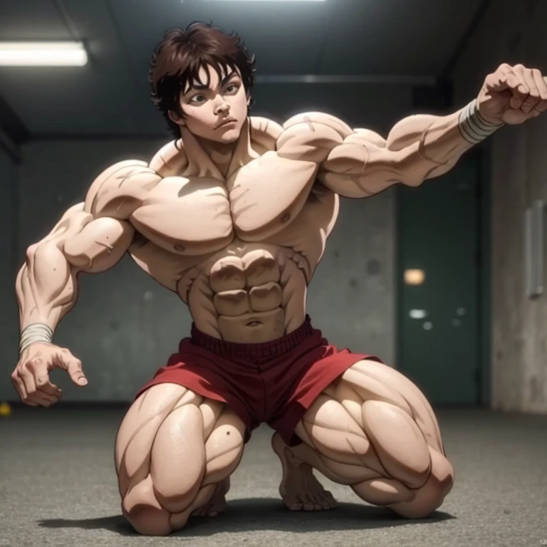 (Eine detaillierte Zeichnung von baki, bodybuilding gym.), shirtless, huge muscle Body, Big Bizeps, Big shoulders, muscukar legs,abs, barefoot, martial arts, Full body image 