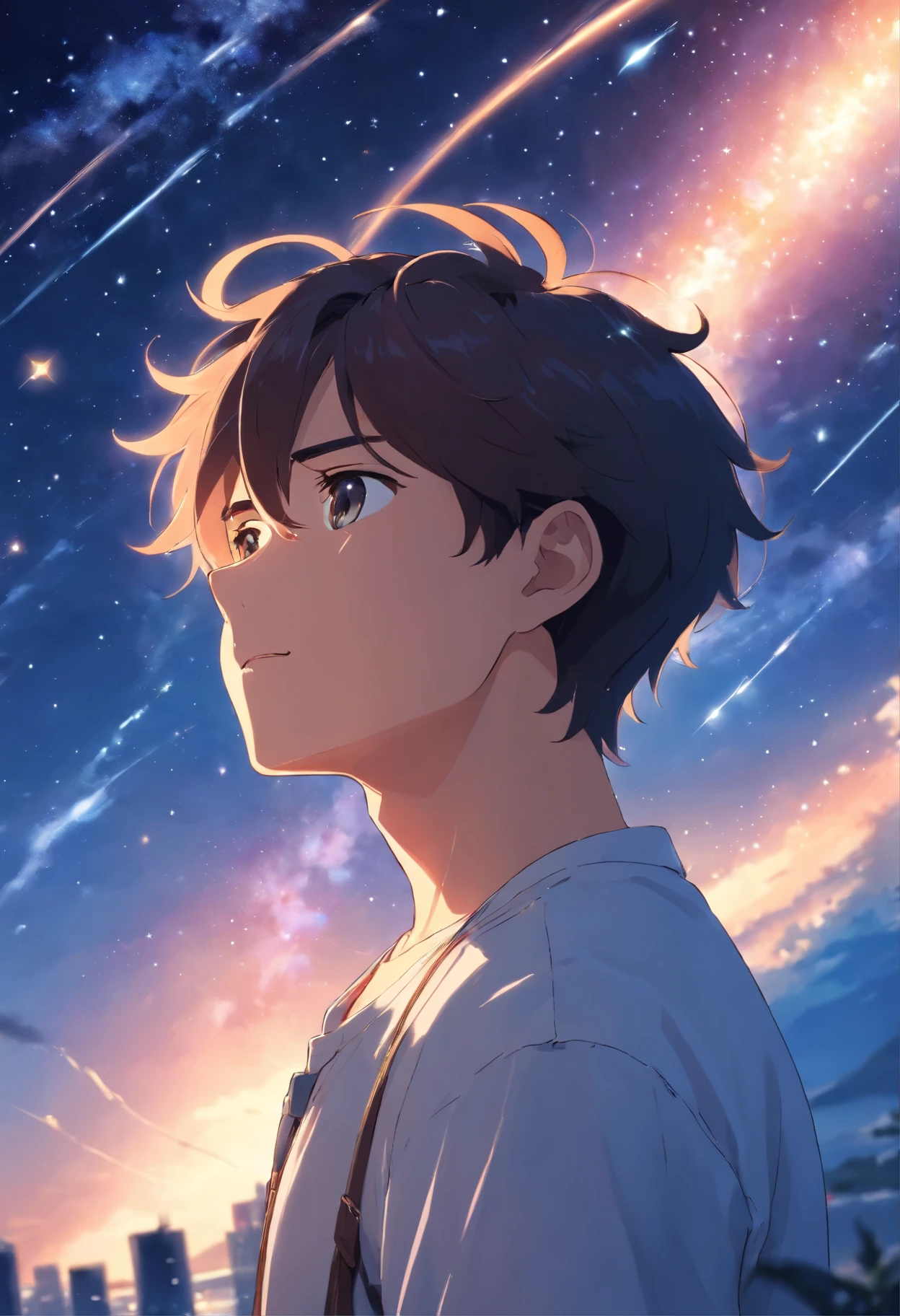 Looking up at the starry sky, 17-year-old boy in a white shirt, close your eyes wish thought