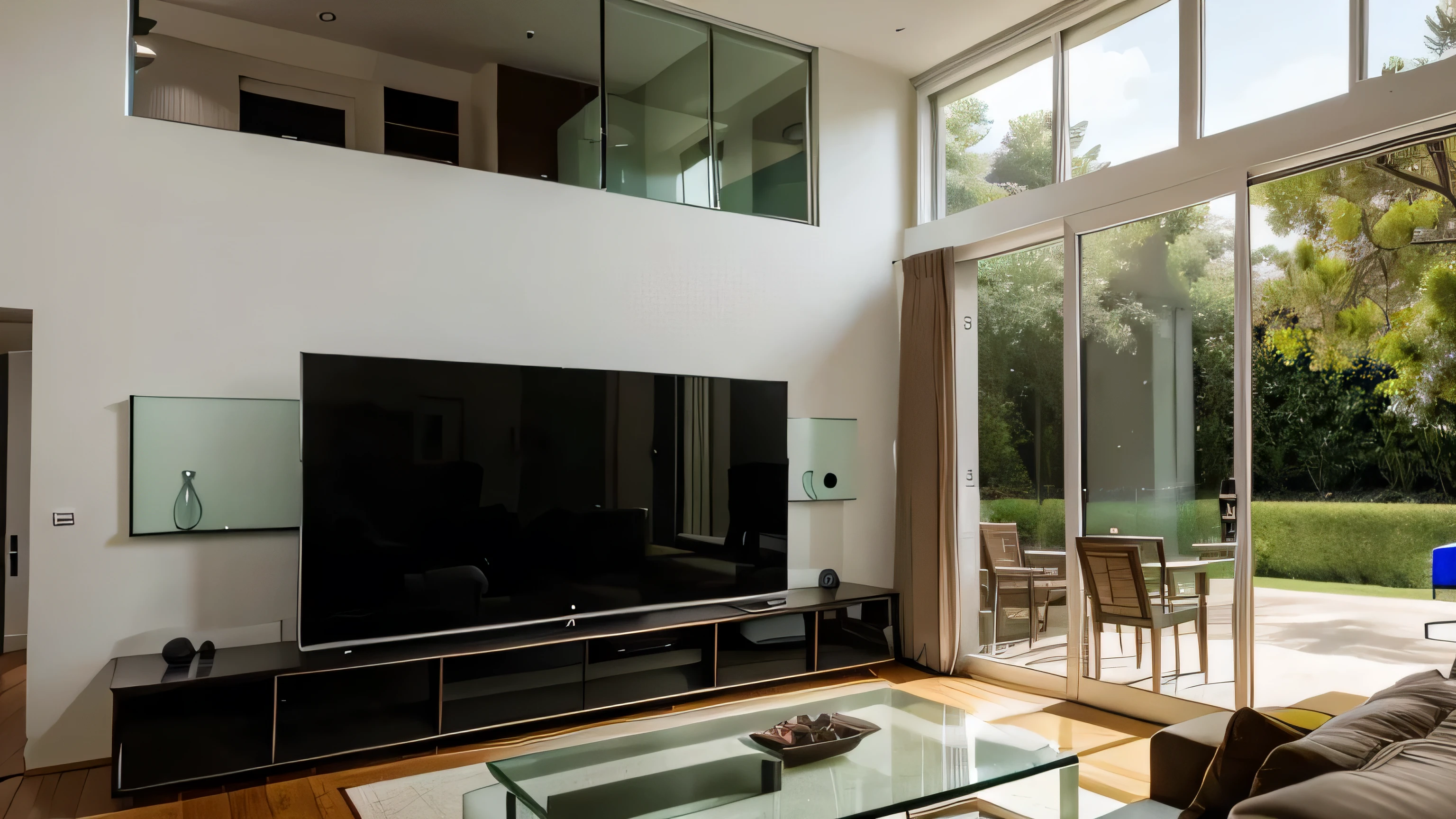 The house has a large TV screen and large glass windows