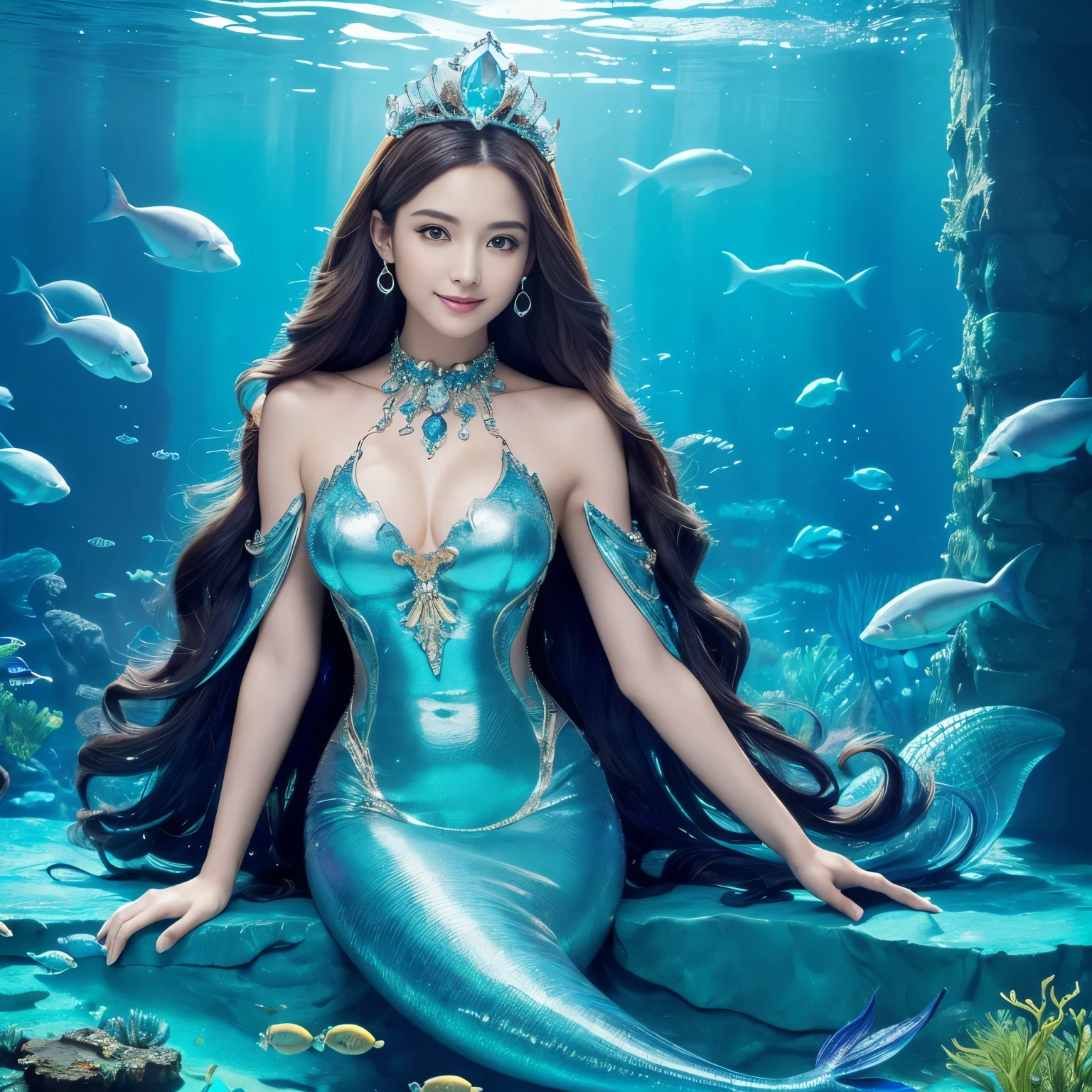 (highest quality、table top、8K、best image quality、hyper realism)、(The most extravagant and extravagant mermaid goddess:1.2)、(The most extravagant and gorgeous mermaid princess:1.1)、(The most realistic and perfect mermaid tail and scales:1.1)、(The most realistic and perfect mermaid tail:1.2)、(The most luxurious and finest transparent sleeve:1.1)、(upper body photo:1.1)、(The wall of the room is a huge high quality aquarium:1.1)、(A huge, highly detailed aquarium of the highest quality:1.3)、(Surrounded by a huge aquarium of the highest quality:1.2)、(The highest quality aquarium with the most fantastic dome-shaped ceiling:1.1)、(The most fantastic and finest underwater temple:1.3)、(Sitting gracefully:1.2)、(Detailed depiction of the most beautiful gigantic aquarium that shines fantastically:1.1)、(Surrounded by the most luxurious and fantastical huge purple and blue aquarium:1.1)、(Huge aquarium with the most detailed depiction of marine life:1.1)、(Sparkling purple and blue、The most magical and luxurious princess room:1.1), (The most luxurious room shining in the most magical purple and blue colors:1.2)、(the best smile when you look at me:1.15)、(Wavy brown hair:1.1)、Complex, Finely shining scales、(Finest Huge Jewelry Decoration:1.1)、The most gorgeous luxury princess costume、the most luxurious decoration、全身にComplex宝石が施されている、Please describe her face in detail、Giant tiara、Clear and detailed background、(Everything is a fantastic and glittering background:1.1)、(accurate anatomy:1.1)、(The most luxurious and huge finest jewelry decoration:1.1)、(The finest underwater temple with the most fantastic and luxurious huge aquarium:1.1)