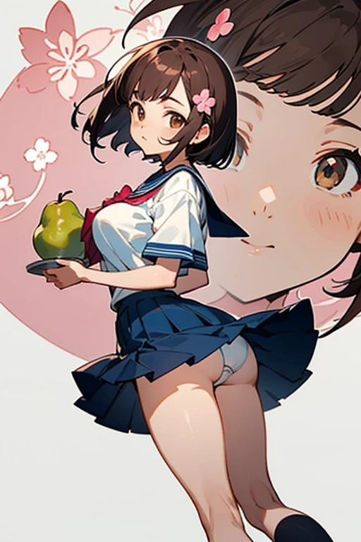 ((best quality)), ((masterpiece)), (detailed), the perfect face of a Japanese anime girl, short black or bodhaircut, dark brown eyes, a Sakura flower hairclip on her hair, dark blue sailor uniform, skirt over the knee, white with a pink bow in the middle. pear body type, big butt, c breast