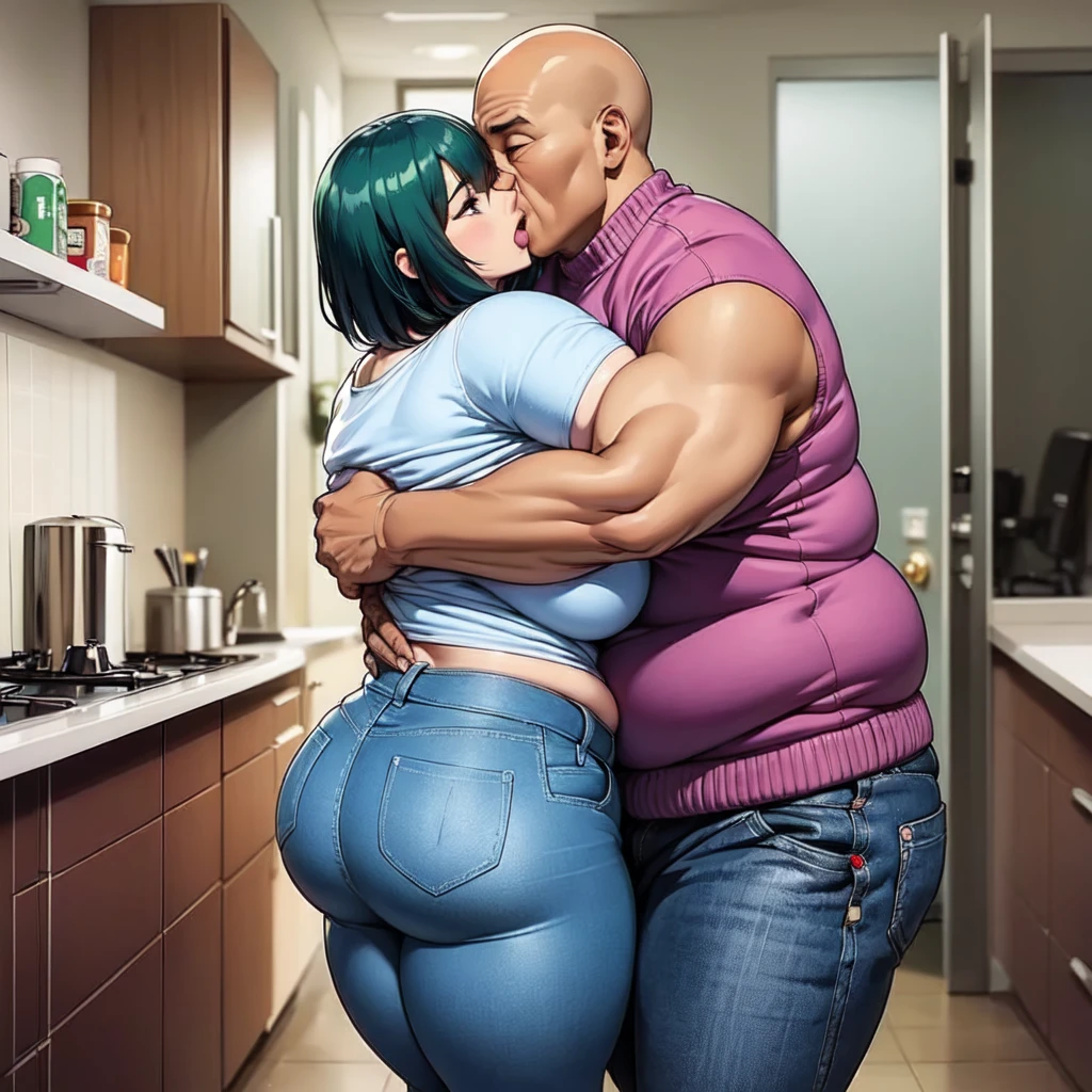 woman1people々、mature woman、thick lips、A middle-aged, bald, obese man hugs me from behind.、green hair、tight clothes、knit sweater、jeans、I'It's embarassing、kitchen、big 、big ass