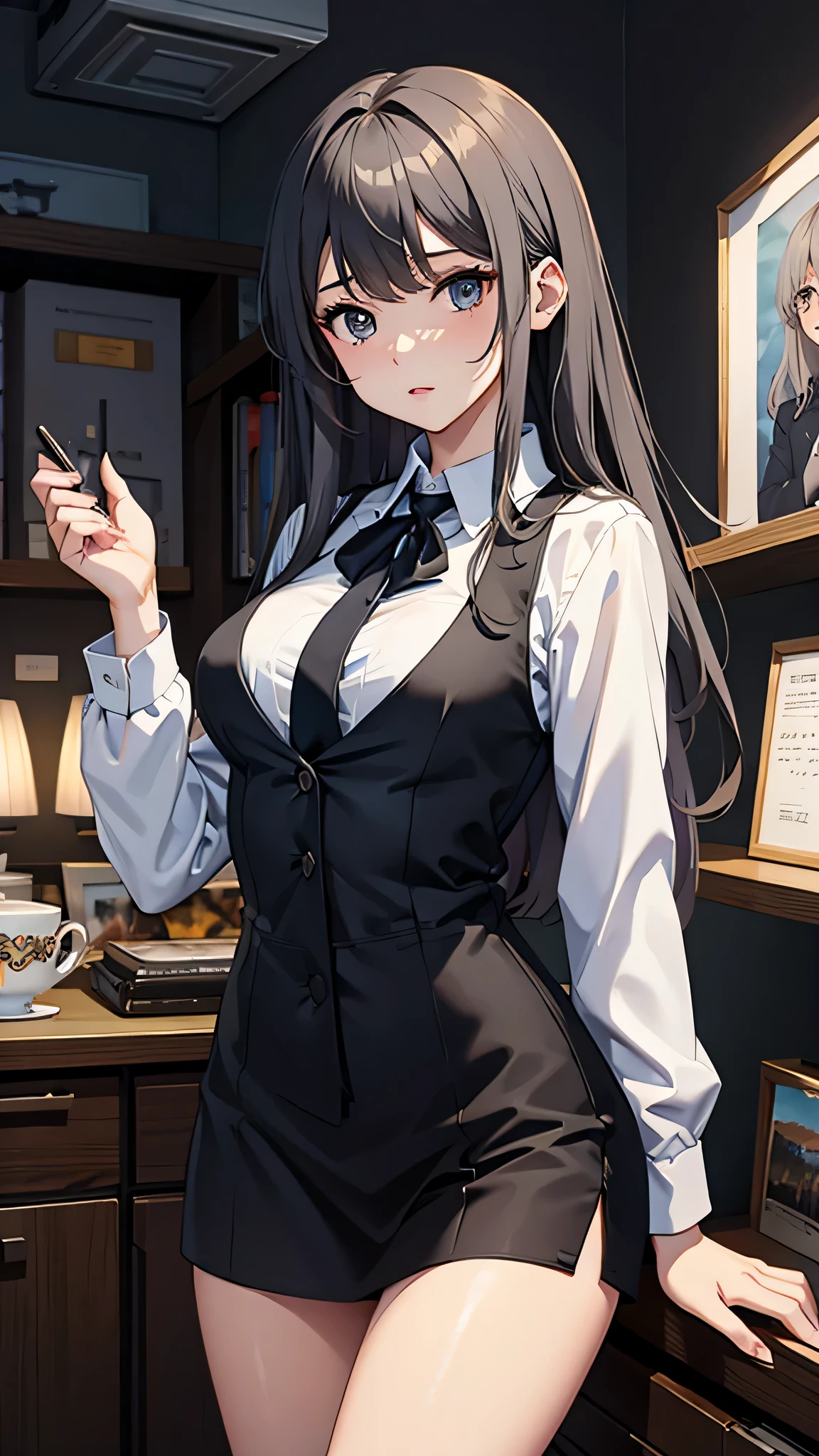 最high quality、best image quality、masterpiece、teenage girl((18-year-old、 By becoming、vest bust、medium bust,wide open breast tea、black eye, gray hair、long hair、thin,highest valley、Black Y-shirt、Black Recruit Suit)),high quality、beautiful art、background((company office))debris flies、Depth of written boundary、movie、visual art、perfect art、8K,genuine