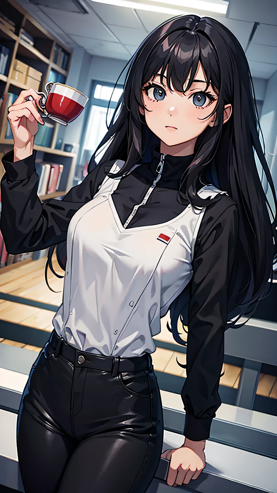 最high quality、best image quality、masterpiece、age girl((18-year-old、 By becoming、vest bust、medium bust,wide open breast tea、black eye, gray hair、long hair、thin,highest valley、Black Y-shirt、Black Recruit Suit)),high quality、beautiful art、background((company office))debris flies、Depth of written boundary、movie、visual art、perfect art、8K,genuine