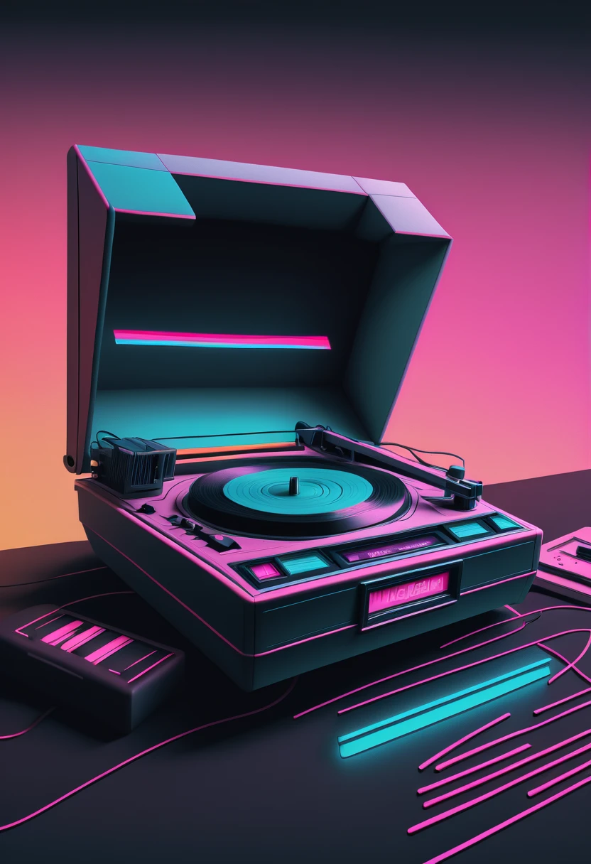 (best quality,4k,8k,highres,masterpiece:1.2), Retrowave, synthwave, a vintage vinyl record, dusty, scratches, old-fashioned, worn-out, grooves, retro design, classic music, spinning round and round, turntable, needle, musical nostalgia, soft crackling sound, black and white album cover, vintage vibes, nostalgic atmosphere, timeless melodies, spinning discs, analog sound, 80s style, music lovers, vinyl collection, laser show, immersive experience, dance floor, vibrant nightlife, disco ball, party atmosphere, pulsating beats, euphoric moments, electric energy, exhilarating ambiance, mesmerizing light effects, immersive audio experience, Vaporwave Aesthetic style and zentangle style, retrowave. synthwave, retro futuristic, video game, vector vaporwave,,blurred, crunch it, make it outstanding, the best emotive silhouette ever, sparkles, musical explosions, flying musical notes, magical, thanks. By Tupu...lol...