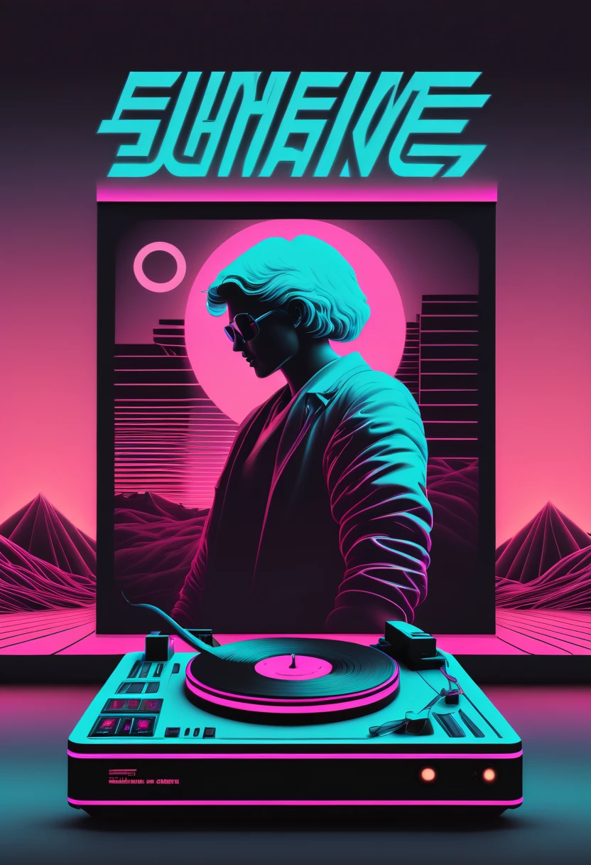 (best quality,4k,8k,highres,masterpiece:1.2), Retrowave, synthwave, a vintage vinyl record, dusty, scratches, old-fashioned, worn-out, grooves, retro design, classic music, spinning round and round, turntable, needle, musical nostalgia, soft crackling sound, black and white album cover, vintage vibes, nostalgic atmosphere, timeless melodies, spinning discs, analog sound, 80s style, music lovers, vinyl collection, laser show, immersive experience, dance floor, vibrant nightlife, disco ball, party atmosphere, pulsating beats, euphoric moments, electric energy, exhilarating ambiance, mesmerizing light effects, immersive audio experience, Vaporwave Aesthetic style and zentangle style, retrowave. synthwave, retro futuristic, video game, vector vaporwave,,blurred, crunch it, make it outstanding, the best emotive silhouette ever, sparkles, musical explosions, flying musical notes, magical, thanks. By Tupu...lol...