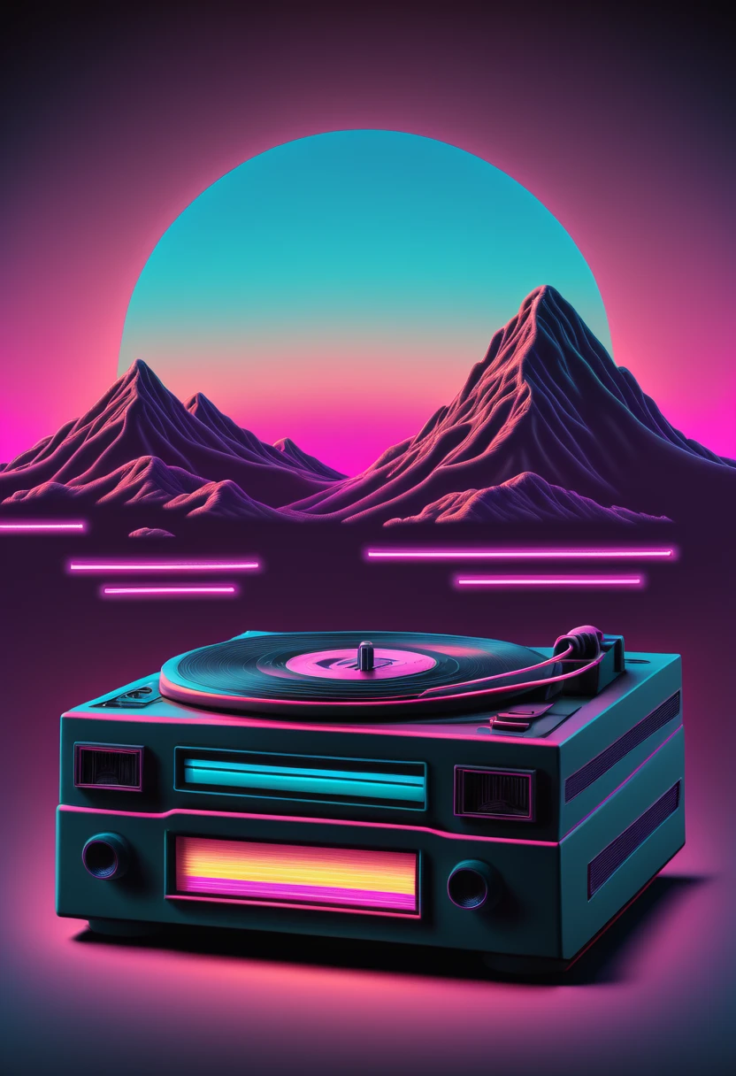 (best quality,4k,8k,highres,masterpiece:1.2), Retrowave, synthwave, a vintage vinyl record, dusty, scratches, old-fashioned, worn-out, grooves, retro design, classic music, spinning round and round, turntable, needle, musical nostalgia, soft crackling sound, black and white album cover, vintage vibes, nostalgic atmosphere, timeless melodies, spinning discs, analog sound, 80s style, music lovers, vinyl collection, laser show, immersive experience, dance floor, vibrant nightlife, disco ball, party atmosphere, pulsating beats, euphoric moments, electric energy, exhilarating ambiance, mesmerizing light effects, immersive audio experience, Vaporwave Aesthetic style and zentangle style, retrowave. synthwave, retro futuristic, video game, vector vaporwave,,blurred, crunch it, make it outstanding, the best emotive silhouette ever, sparkles, musical explosions, flying musical notes, magical, thanks. By Tupu...lol...