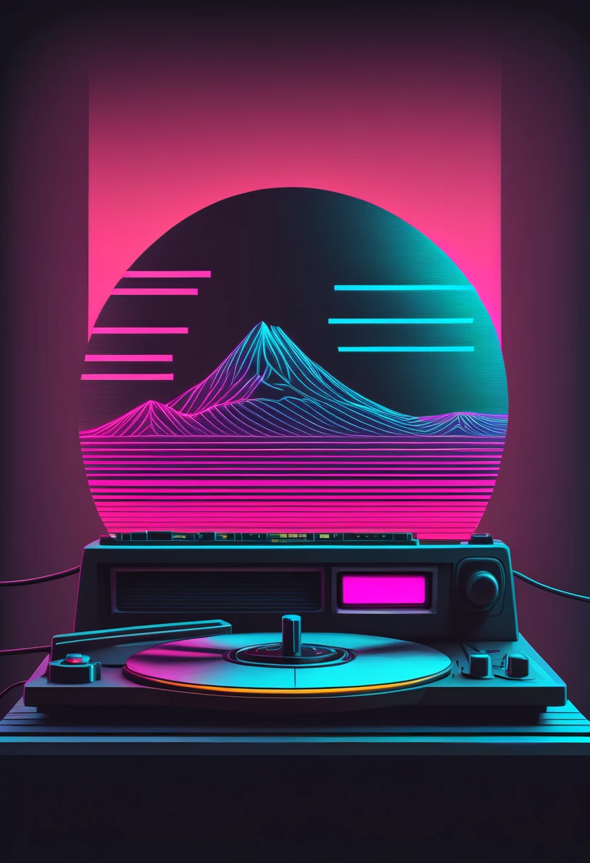 (best quality,4k,8k,highres,masterpiece:1.2), Retrowave, synthwave, a vintage vinyl record, dusty, scratches, old-fashioned, worn-out, grooves, retro design, classic music, spinning round and round, turntable, needle, musical nostalgia, soft crackling sound, black and white album cover, vintage vibes, nostalgic atmosphere, timeless melodies, spinning discs, analog sound, 80s style, music lovers, vinyl collection, laser show, immersive experience, dance floor, vibrant nightlife, disco ball, party atmosphere, pulsating beats, euphoric moments, electric energy, exhilarating ambiance, mesmerizing light effects, immersive audio experience, Vaporwave Aesthetic style and zentangle style, retrowave. synthwave, retro futuristic, video game, vector vaporwave,,blurred, crunch it, make it outstanding, the best emotive silhouette ever, sparkles, musical explosions, flying musical notes, magical, thanks. By Tupu...lol...