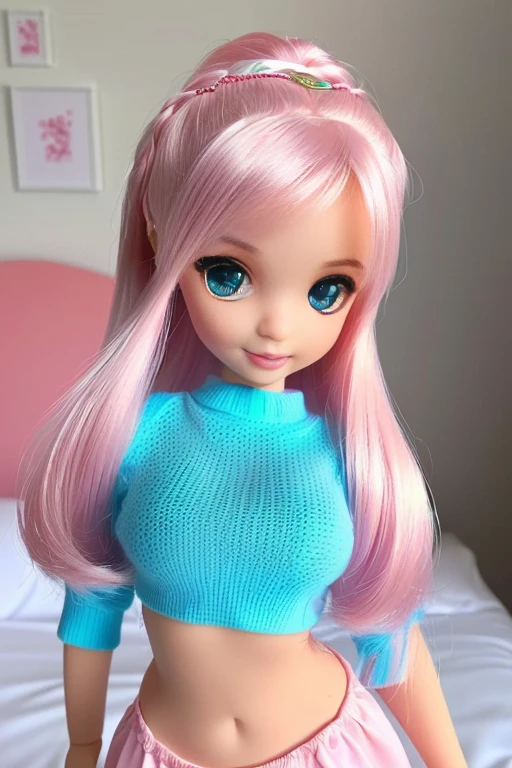 Alaphis poses in bedroom with pink hair and pink dress, Barbie doll wearing and, Super realistic full picture,  beauty , Just a doll in the sky, OPPEIN, anime barbie wearing white, OPPEIN比例, plump figure, Pink ponytail hair and cyan eyes, pink body, Full body close-up