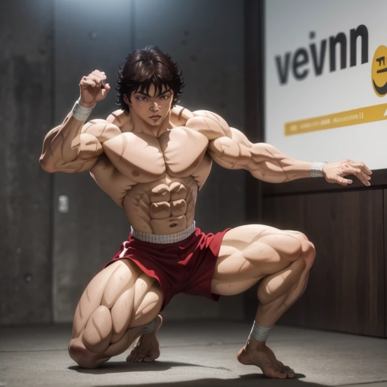(Eine detaillierte Zeichnung von baki, bodybuilding gym.), shirtless, huge muscle Body, Big Bizeps, Big shoulders, muscukar legs,abs, barefoot, martial arts, Full body image