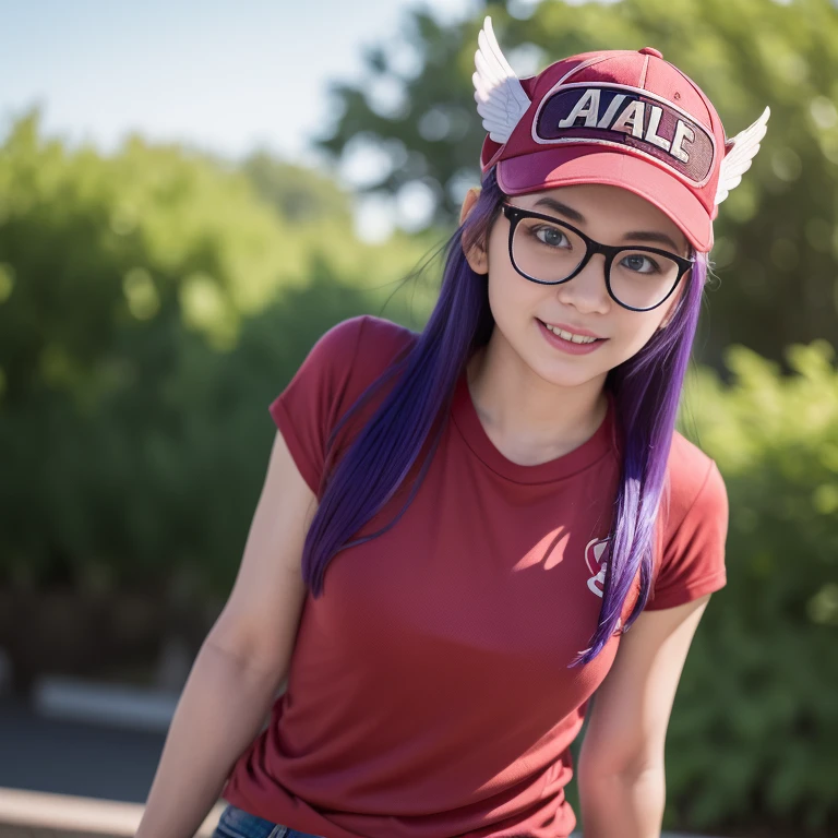 (masterpiece, best quality:1.4), (standing:1.5) (dynamic pose:1), 1girl, solo, (european youth:1), arale, glasses, blue eyes, long hair, purple hair, short sleeves, wing hat, red cap with the word "ARALE", (wing cap:1.5), red shirt, looking at viewer, beautifull smile, beautiful face, highly detailed face, highly detailed eyes, highly detailed skin, skin pores, subsurface scattering, realistic pupils, full face blush, full lips, detailed background, depth of field, volumetric lighting, sharp focus, absurdres, realistic proportions, good anatomy, (realistic, hyperrealistic:1.4), 16k hdr,