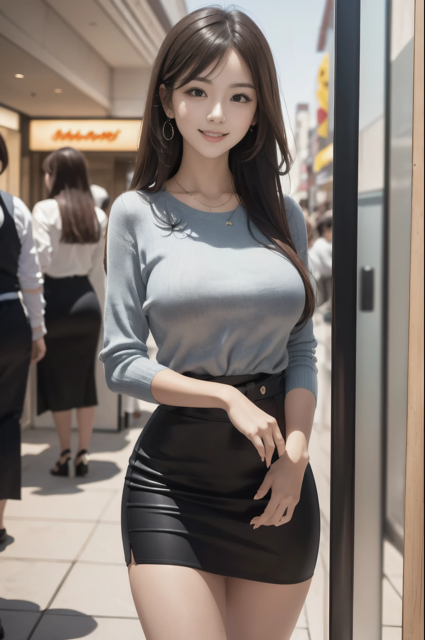 (Best Quality, Masterpiece, Photo realistic, Ultra Detailed, ultra high res, raw:1.3), 2women, beautiful, Japanese, mature, 28yo, (tight knit, pencil skirt), smile, long hair, bangs, high-waist, necklace, shopping mall, cowboy shot, good thigh, (big breasts:1.3)