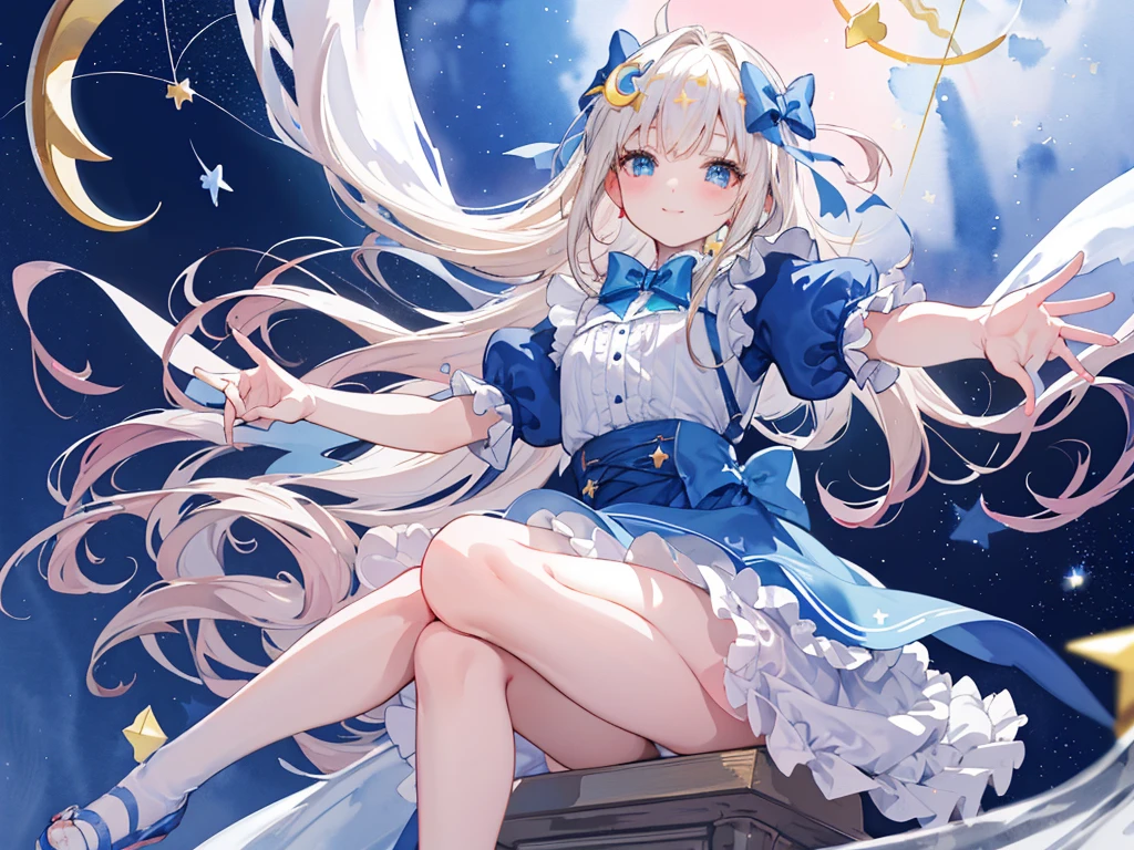photo realistic, (masterpiece,best quality:1.4),(8k,raw photo,photo realistic:1.2), detailed skin, detailed face,1girl,Japanese idol,cute face, , Not Safe for Work, (overhead view:1.3), length hair, blue eyes, blonde hair, light smile, ((shiny wavy hair)), diadems, (((sit on a crescent moon model))), ((outstretched hand)),doress, gothic dresses, shairband, shortsleeves, the bow hair, ((blue shairband)), a smile, red blush, light Blue Doress, Alice (Alice in Wonderland), White frilled legwear, ((Blue the Bow)), Puffy Sleeves, Bangss, Apron Dress, shortsleeves, ((Blue bow ribbon)), absurdly long hair, frilld, white gothic dresses,: q, masterpiece, top-quality, not safe for work, , , 14-yo, braided bangs, mary janes, (FULL Body), (((from below))),(Garter ring that looks like frilly panties), flat chest, yumekawa,yumekawaii,pastel color, (((star background:1.5))), imagination,light particle effect, aerial effect, perfect hand's, perfect fingers, (dreamy ambiance:1.4), [:(light gradation watercolor:1.5):8], (soft focus:1.1), (stars:1.5),A large swing shaped like a crescent moon:1.8,