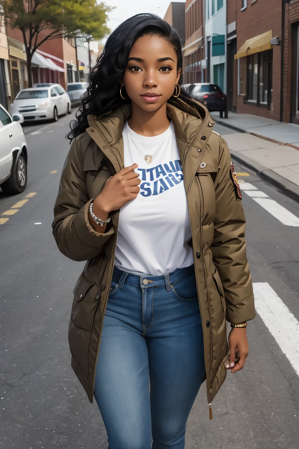 1 African American female, medium complexion, with a sprinkle of freckles, giving her a touch of playful charm. Standing at 5'8", athletic build, bold pose, in an urban neighborhood in Maryland , arias style is urban chic, big breast, https://image.cdn2.seaart.ai/2024-01-26/cmppavle878c73da8afg/095f7794bbde93142c953b6bfb3147795a7067ab_high.webp, at a street festival in Hyattsville, md buying artwork, wearing a winter coat