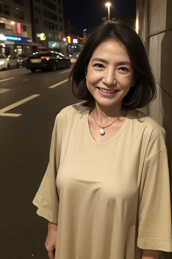 masterpiece, best quality, 16K, city, old woman, happy, smiling, standing, looking at viewer, front view, long hair, wave hair, black hair, eyes open, (large breasts:1.32), (wrinkles corners eyes:1.48), (nasolabial:1.48), (old skin:1.48), pale skin, freckled skin, wrinkles skin, (old muscles:1.2), plump, ((khaki parka)), (white t-shirt), (jeans), piercing, necklace, boots, 50-year-old, old, elderly, japanese, outside, in the city, at night, real person, ultra realistic photo, nsfw, full body shot, front view