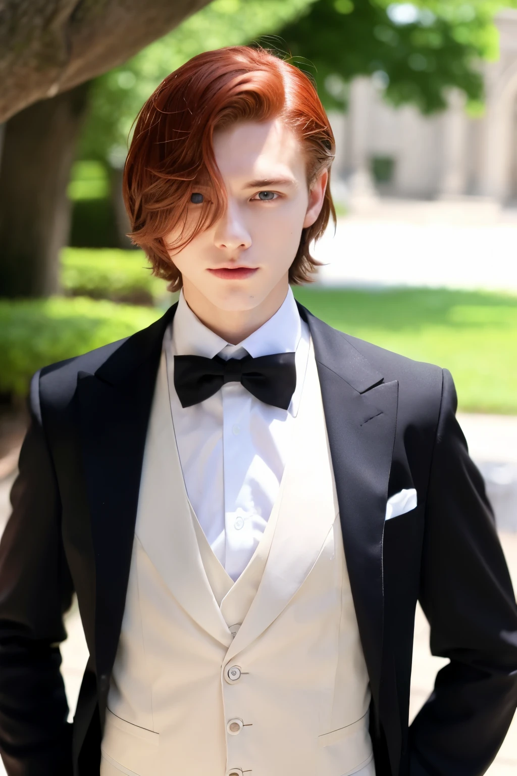 Male 25 years old、brown skin、Red hair、light blue eyes、Slightly drooping eyes、hair is a little long、Butler's attire、Height 175 cm、Two-dimensional characters