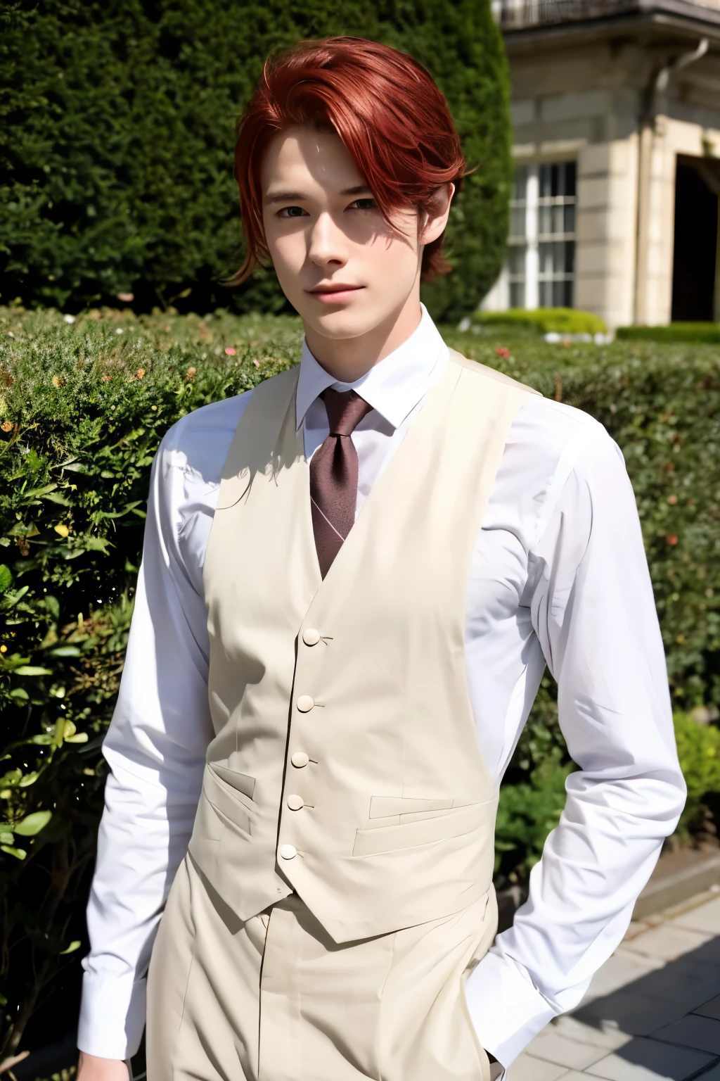 Male 25 years old、brown skin、Red hair、light blue eyes、Slightly drooping eyes、hair is a little long、Butler's attire、Height 175 cm、Two-dimensional characters