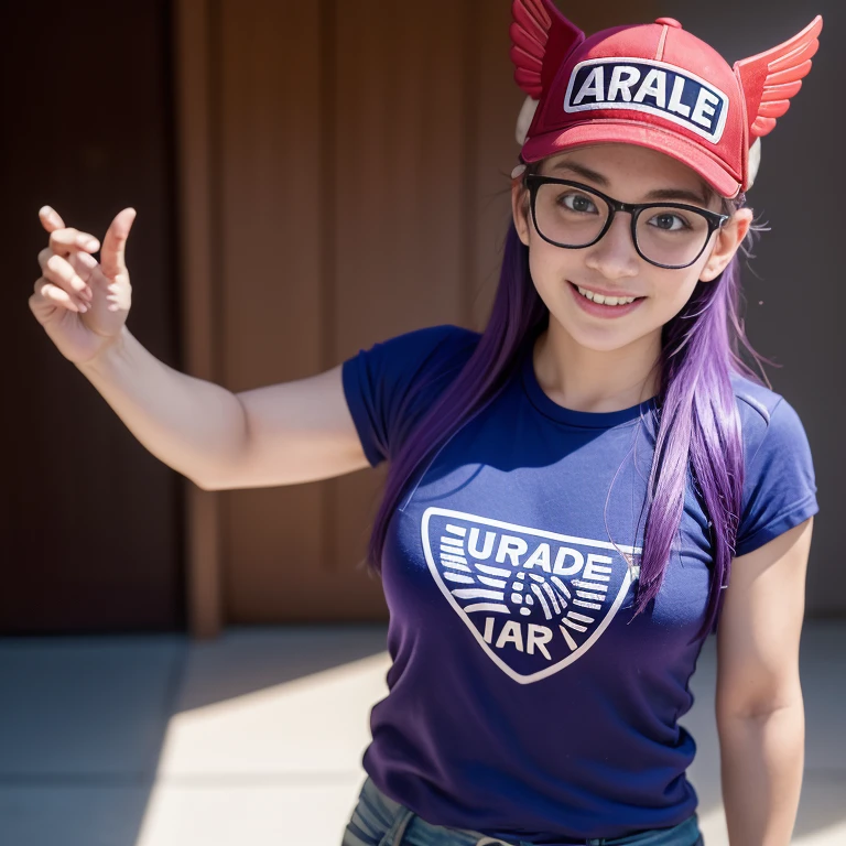 (masterpiece, best quality:1.4), (standing:1.5) (dynamic pose:1), 1girl, solo, (european youth:1), arale, glasses, blue eyes, long hair, purple hair, short sleeves, wing hat, red cap with the word "ARALE", (wing cap:1.5), red shirt, looking at viewer, beautifull smile, beautiful face, highly detailed face, highly detailed eyes, highly detailed skin, skin pores, subsurface scattering, realistic pupils, full face blush, full lips, detailed background, depth of field, volumetric lighting, sharp focus, absurdres, realistic proportions, good anatomy, (realistic, hyperrealistic:1.4), 16k hdr,