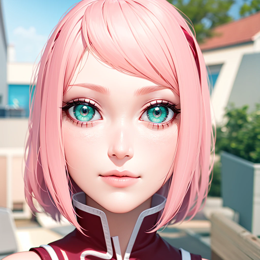 Young woman, porcelain skin, pink hair in two pigtails, heart-shaped face, wide forehead, thin pink eyebrows, big jade green eyes, long eyelashes, buttoned nose, peach lips, red clothes, Sakura Haruno, 3d, realistic , realism, high focus, details