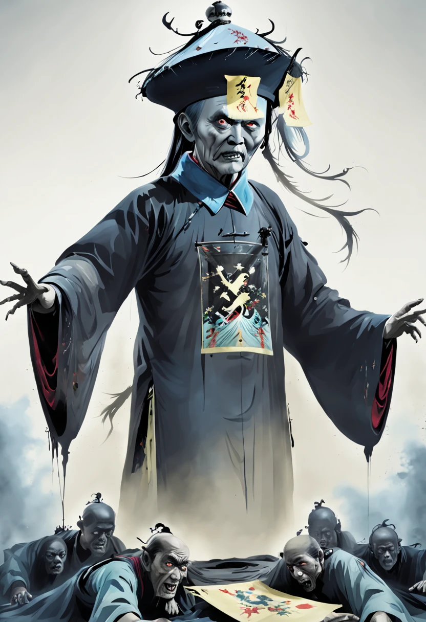 A tall black terrifying Qing Dynasty zombie old man wears zombie_hat and huangfu paper on the forehead in the middle of the face , its both hands is up without loincloth and with the black Official uniform of a mandarin from Qing dynasty which jiangshi are usually portrayed wearing,deathly terrifying eyes, symmetric design, chilling gaze, horror theme, symmetrically aligned eyes (stills:1.5), (poster:1.5), (Ink painting and watercolor:1.5),(actual),((masterpiece), (best quality), super high resolution, Excellent details, dramatic lighting, high resolution, 8k, ridiculous,Chinese building, Chinese tower, obsolete , (Chinese_clear_zombie:1.5),The color palette is dark and ominous, Create an atmosphere of fear. The overall composition reflects the ink elements of Asian horror posters and traditional Chinese aesthetics , (Delete Exclude without no Japanese and no Korean styles).