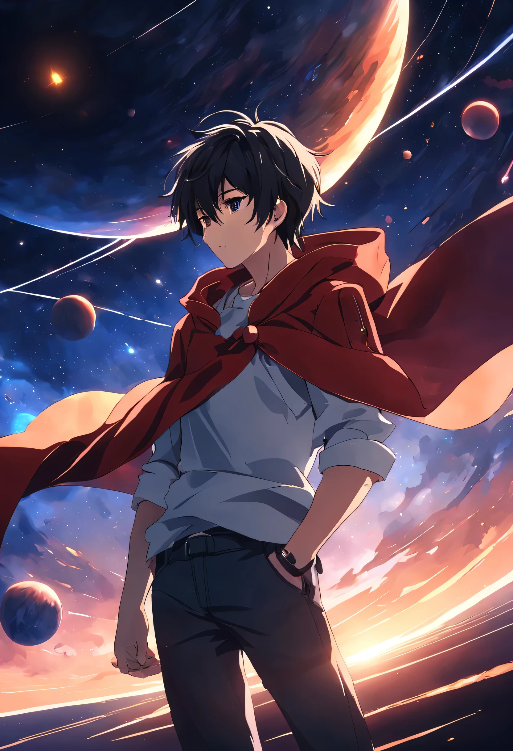 Anime - beautiful sky scene style with stars and planets, space sky. por makoto shinkai, anime art wallpaper 4k, anime art wallpaper 4k, anime art wallpaper 8k, 4k anime wallpaper, anime wallpaper 4k, 4k anime wallpaper, anime sky, Amazing wallpapers on paper, anime background, heavenly planets on the background, anime backgroundアート, Young man standing, black hair, red hood,white shirt, Black jeans, blue sky.