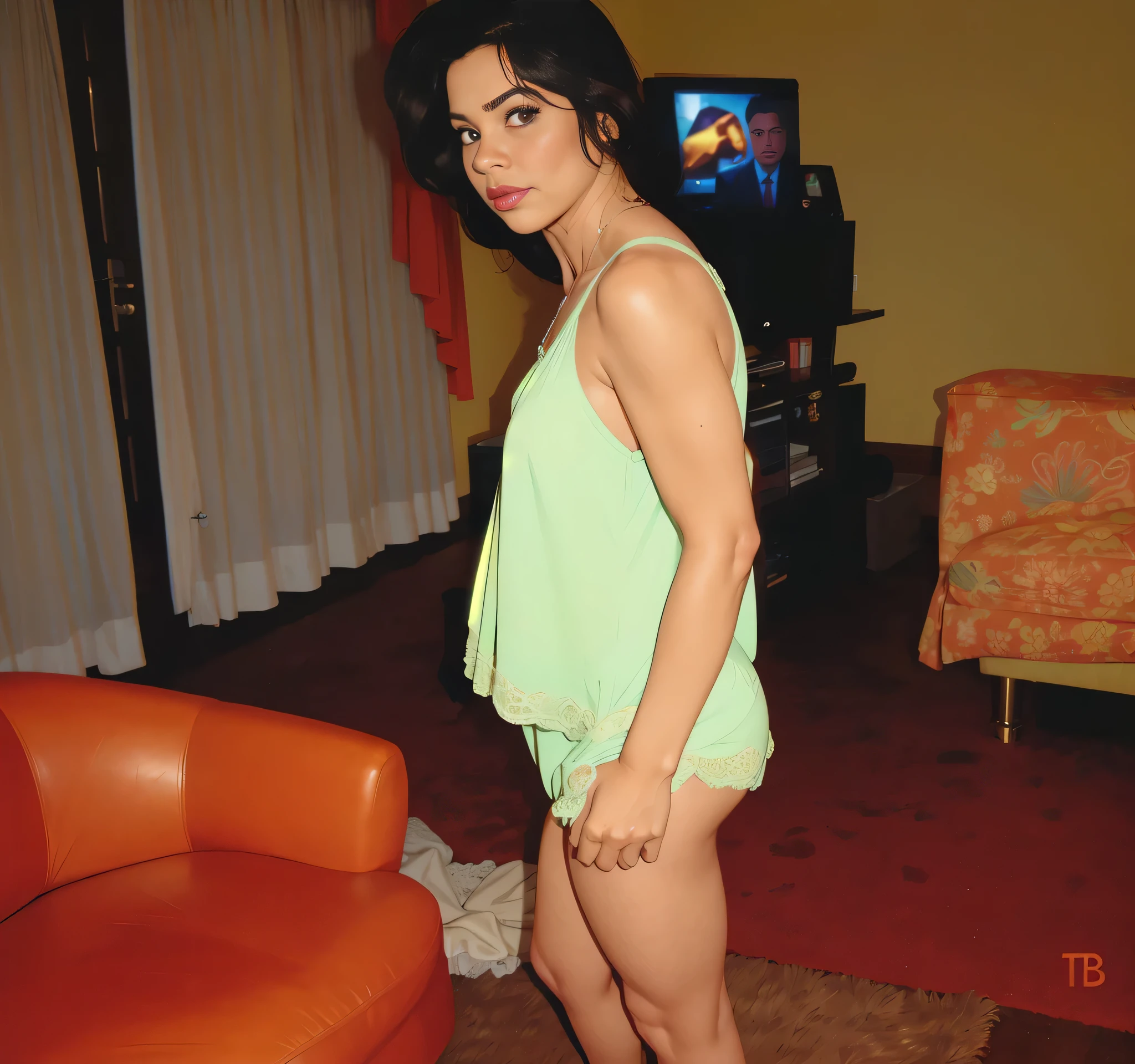 there is a woman standing in a living room with a remote control, Latina, o extremamente quente e sexy, posando em um quarto, tirada com uma Pentax K1000, mulher de 30 anos, full body visible, pose lateral, alta qualidade, high resolution.