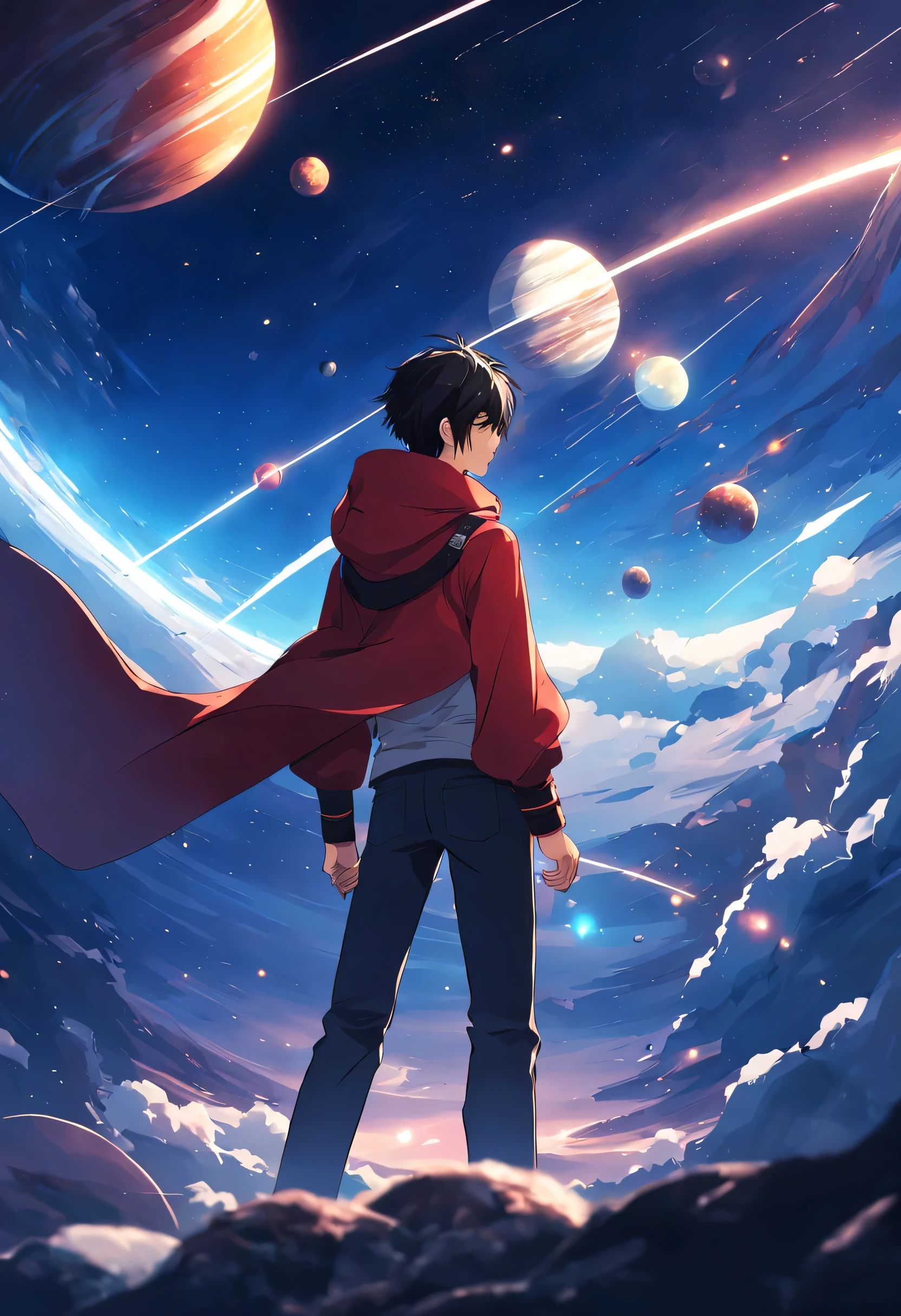 Anime - beautiful sky scene style with stars and planets, space sky. por makoto shinkai, anime art wallpaper 4k, anime art wallpaper 4k, anime art wallpaper 8k, 4k anime wallpaper, anime wallpaper 4k, 4k anime wallpaper, anime sky, Amazing wallpapers on paper, anime background, heavenly planets on the background, anime backgroundアート, Young man standing, black hair, red hood,white shirt, Black jeans, blue sky.