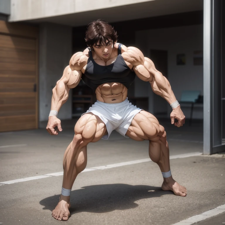 (Eine detaillierte Zeichnung von baki, bodybuilding gym.), shirtless, huge muscle Body, Big Bizeps, Big shoulders, muscukar legs,abs, barefoot, martial arts, high kick, Full body image