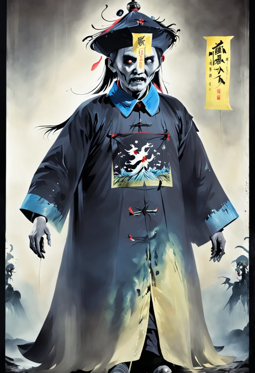 A tall black terrifying Qing Dynasty zombie of man wears zombie_hat and huangfu paper on the forehead in the middle of the face , its both hands is up without loincloth and with the black Official uniform of a mandarin from Qing dynasty which jiangshi are usually portrayed wearing,deathly terrifying eyes, symmetric design, chilling gaze, horror theme, symmetrically aligned eyes (stills:1.5), (poster:1.5), (Ink painting and watercolor:1.5),(actual),((masterpiece), (best quality), super high resolution, Excellent details, dramatic lighting, high resolution, 8k, ridiculous,Chinese building, Chinese tower, obsolete , (Chinese_clear_zombie:1.5),The color palette is dark and ominous, Create an atmosphere of fear. The overall composition reflects the ink elements of Asian horror posters and traditional Chinese aesthetics , (Delete Exclude without no Japanese and no Korean styles).