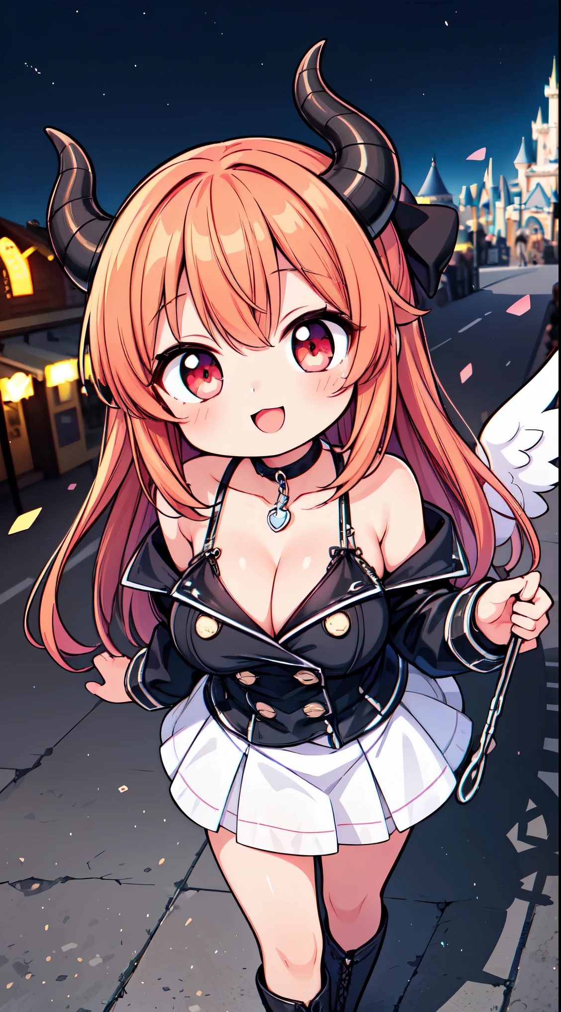 (super fine illustration:1.2),(masterpiece, 8k), (best quality, high quality:1.4), perfect anatomy, hyper detailed, ultra detailed,masterpiece background,beautiful detailed background, v8k wallpaper,perfect design,award-winning art,atmospheric,
BREAK, 1 beautiful girl, (Beauty:1.5),(Chibi:0.5),(kawaii:2.0),(Cool:2.0),(17 year old girl),(Solo:1.65),BREAK, (huge-breasted:1.35), Clear skin, Beautiful skin, Shy, 1 beautiful woman,Demons,Colossal tits(Hair Bow, Red hair, Long hair, flipped hair, hair messy,Wings of an angel on the back, Demon King's horn on the head:1.2), (Red Eyes, long eyelashes, Double eyelids: 1.2), Shiny skin,de pele branca,dial,(best quality face),(Top quality glowing eyes),(Doya face,brave face:1.45),(The best smile,:D:1.45), BREAK,
(black theme:1.3), (gothic punk:1.3), (leather jacket with studs:1.1), (latex leotard, leotard fused gothic skirt, frills, lace:1.2), lace-up boots, gloves, chain necklace, choker, chain accessories, zettai ryouiki
BREAK (Disneyland white Cinderella castle behind:1.3),(town street:1.3),(stall, cart:1.25), (Disneyland Parade background:1.3),detailed confetti in the air,festival,(glitter:1.2), (light sparkles:1.2),night scene, (night sky:1.1),fine weather,(Crowded, bustling with people in the distance :1.15),fireworks,
BREAK,wakame,wakame,wakame,(from above,cowboy shot:1.5) , nose blush, heavy breathing, steam, ((:o):1.2),walking,
BREAK, ,(Blurry background:1.3),(absurderes, hight resolution, Super Detail Art),cel shading,Clear Color, Lonely optical effect, Beautiful pictures, Bright glow, mystic atmosphere,(Close-up of girl:0.8), Mystical light particle effect,manga influence, clean line drawings,