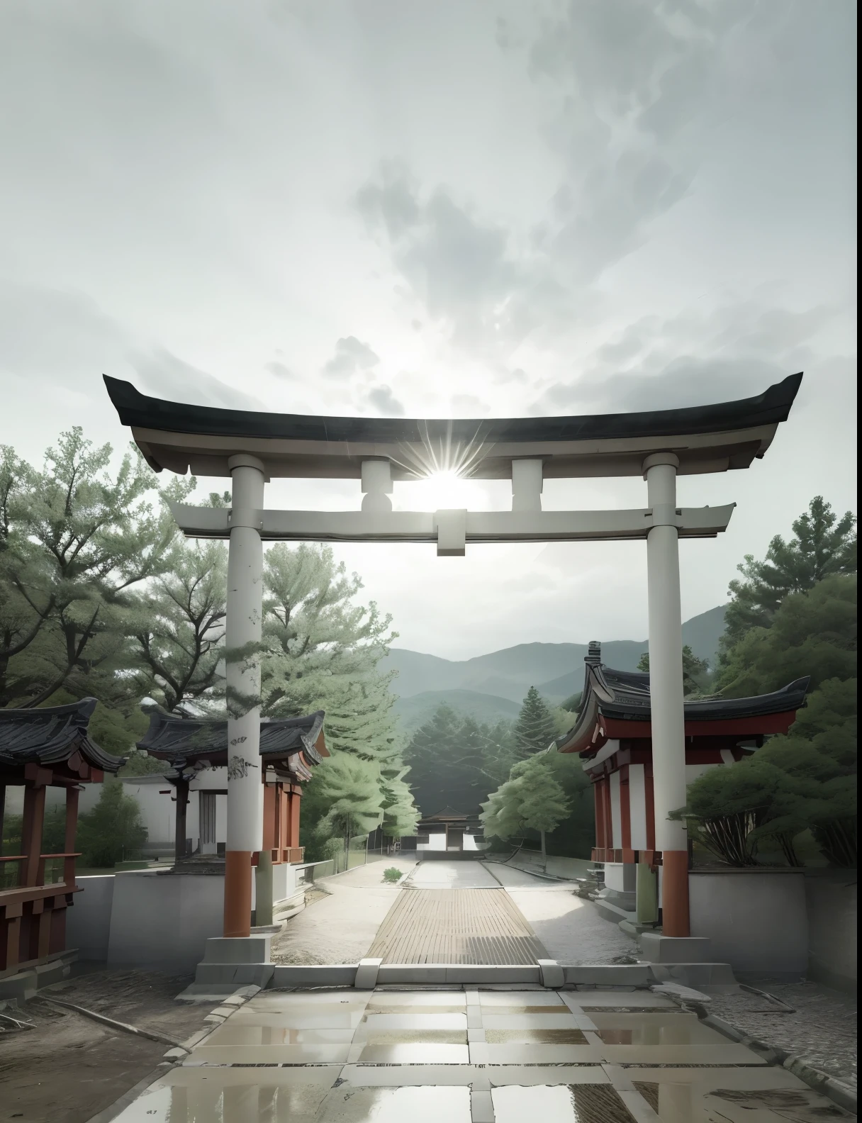The sun shines through the gate and the clouds, toriiの隙間から太陽の光, ray of lights,centered torii, Works inspired by Sesshu Toyo,日本のtorii, The bridge that continues from the front placed in the center of the screen,Trees such as pine and zelkova on the left and right of the bridge々, torii, inspired by Torii Kiyomoto, near a japanese shrine