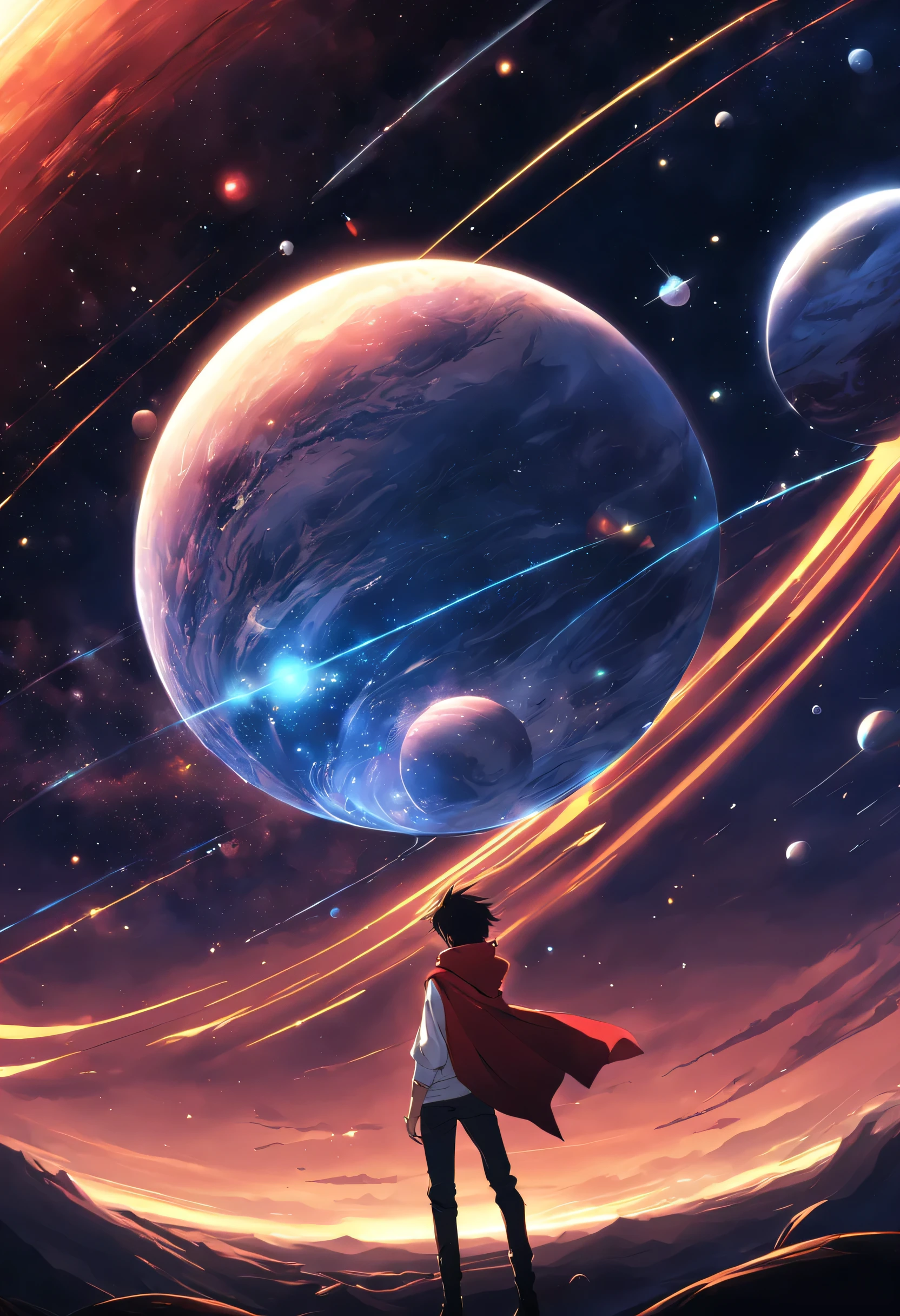 Anime - beautiful sky scene style with stars and planets, space sky. por makoto shinkai, anime art wallpaper 4k, anime art wallpaper 4k, anime art wallpaper 8k, 4k anime wallpaper, anime wallpaper 4k, 4k anime wallpaper, anime sky, Amazing wallpapers on paper, anime background, heavenly planets on the background, anime backgroundアート, Young man standing, black hair, red hood,white shirt, Black jeans, blue sky.