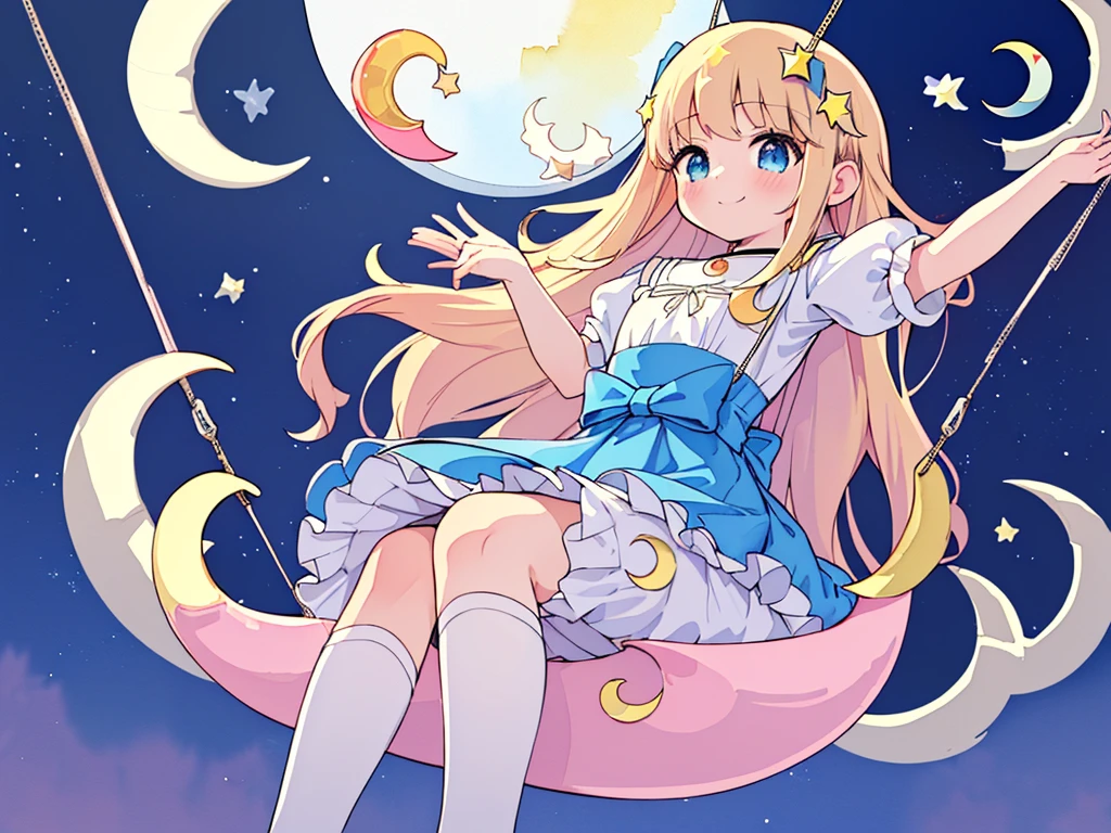 photo realistic, (masterpiece,best quality:1.4),(8k,raw photo,photo realistic:1.2), detailed skin, detailed face,1girl,Japanese idol,cute face, , Not Safe for Work, (overhead view:1.3), length hair, blue eyes, blonde hair, light smile, ((shiny wavy hair)), diadems, (((sit on a crescent moon)), ((outstretched hand)),doress, gothic dresses, shairband, shortsleeves, the bow hair, ((blue shairband)), a smile, red blush, light Blue Doress, Alice (Alice in Wonderland), White frilled legwear, ((Blue the Bow)), Puffy Sleeves, Bangss, Apron Dress, shortsleeves, ((Blue bow ribbon)), absurdly long hair, frilld, white gothic dresses,: q, masterpiece, top-quality, not safe for work, , , 14-yo, braided bangs, mary janes, (FULL Body), (((from below))),(Garter ring that looks like frilly panties), flat chest, yumekawa,yumekawaii,pastel color, (((star background:1.5))), imagination,light particle effect, aerial effect, perfect hand's, perfect fingers, (dreamy ambiance:1.4), [:(light gradation watercolor:1.5):8], (soft focus:1.1), (stars:1.5),((A large swing shaped like a crescent moon:1.8)),