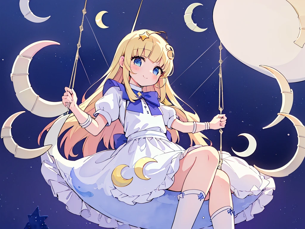 photo realistic, (masterpiece,best quality:1.4),(8k,raw photo,photo realistic:1.2), detailed skin, detailed face,1girl,Japanese idol,cute face, , Not Safe for Work, (overhead view:1.3), length hair, blue eyes, blonde hair, light smile, ((shiny wavy hair)), diadems, (((sit on a crescent moon)), ((outstretched hand)),doress, gothic dresses, shairband, shortsleeves, the bow hair, ((blue shairband)), a smile, red blush, light Blue Doress, Alice (Alice in Wonderland), White frilled legwear, ((Blue the Bow)), Puffy Sleeves, Bangss, Apron Dress, shortsleeves, ((Blue bow ribbon)), absurdly long hair, frilld, white gothic dresses,: q, masterpiece, top-quality, not safe for work, , , 14-yo, braided bangs, mary janes, (FULL Body), (((from below))),(Garter ring that looks like frilly panties), flat chest, yumekawa,yumekawaii,pastel color, (((star background:1.5))), imagination,light particle effect, aerial effect, perfect hand's, perfect fingers, (dreamy ambiance:1.4), [:(light gradation watercolor:1.5):8], (soft focus:1.1), (stars:1.5),((A large swing shaped like a crescent moon:1.8)),